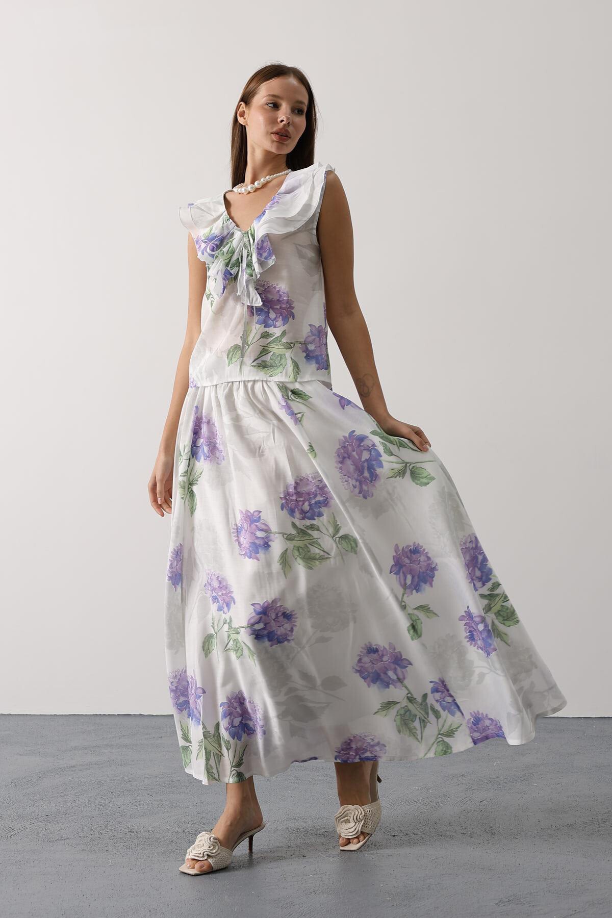 Lila Çiçek Desenli Uzun Etek