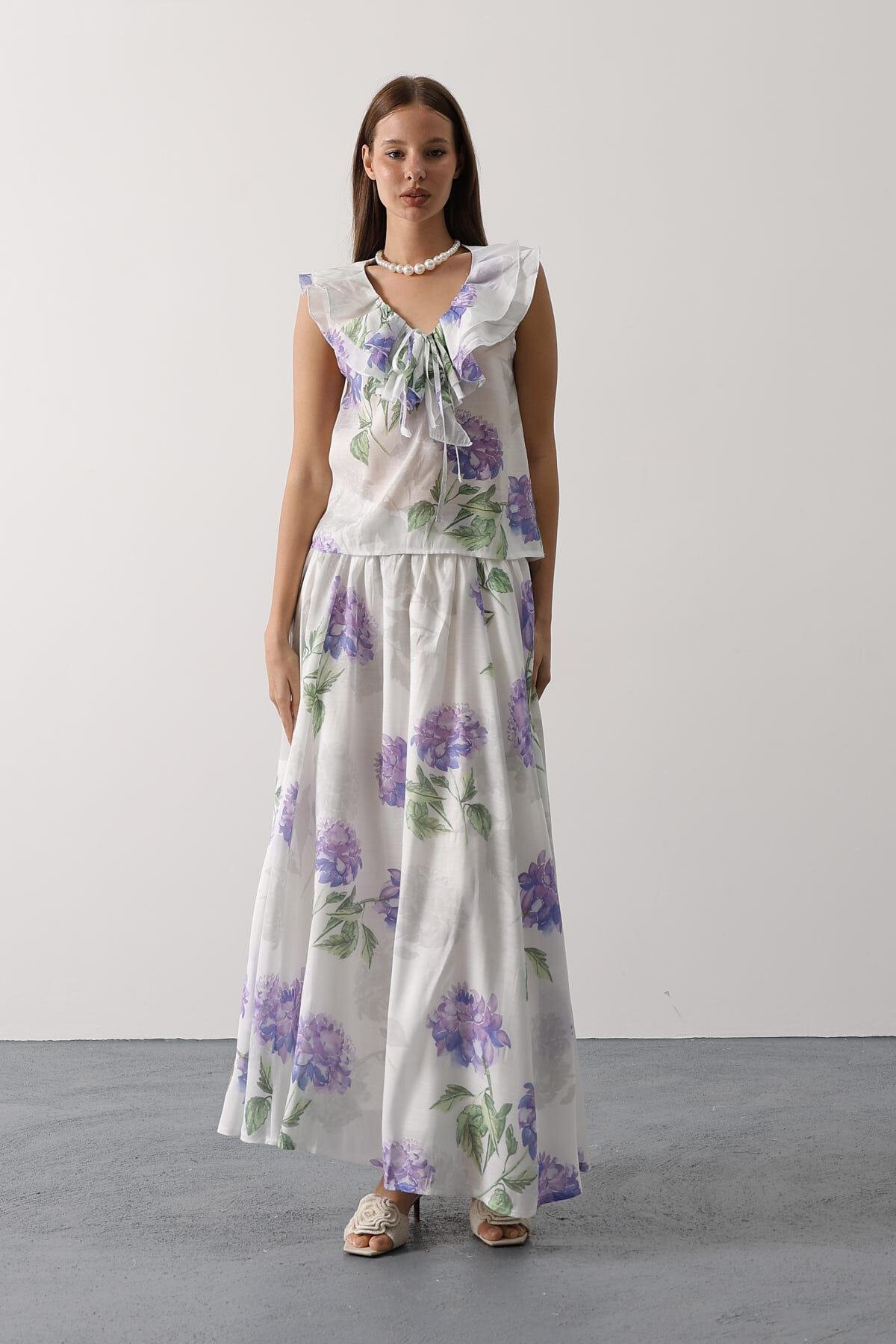 Lila Çiçek Desenli Uzun Etek