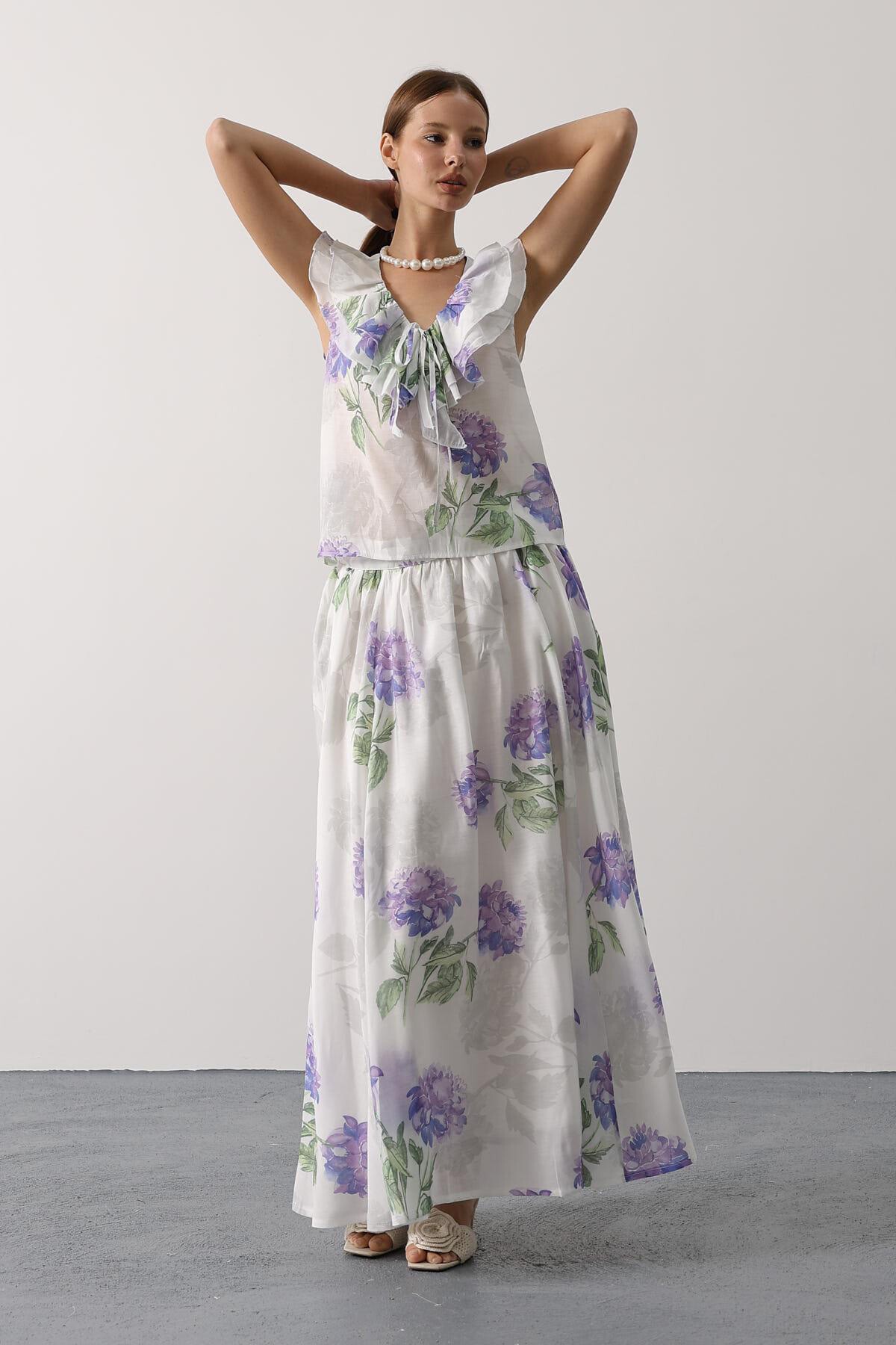 Lila Çiçek Desenli Uzun Etek