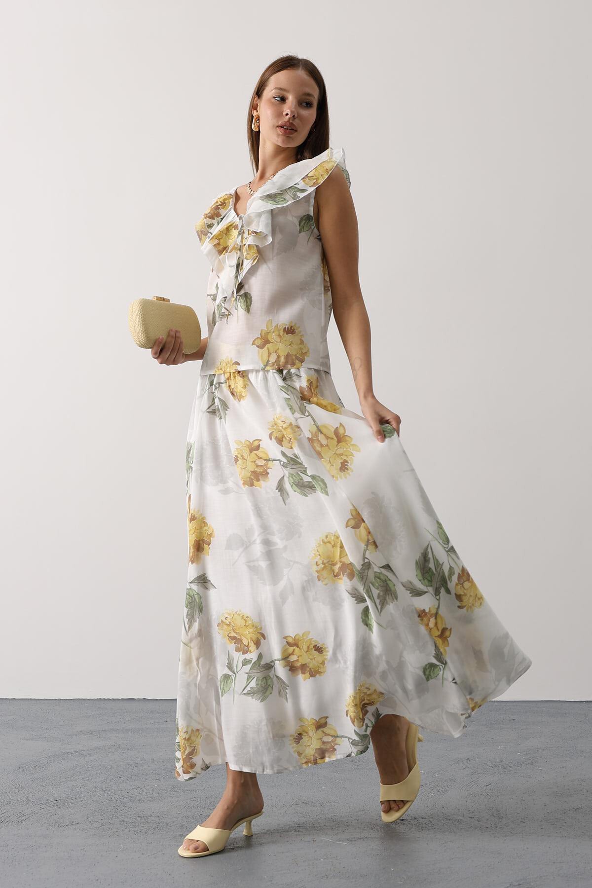 Sarı Çiçek Desenli Uzun Etek