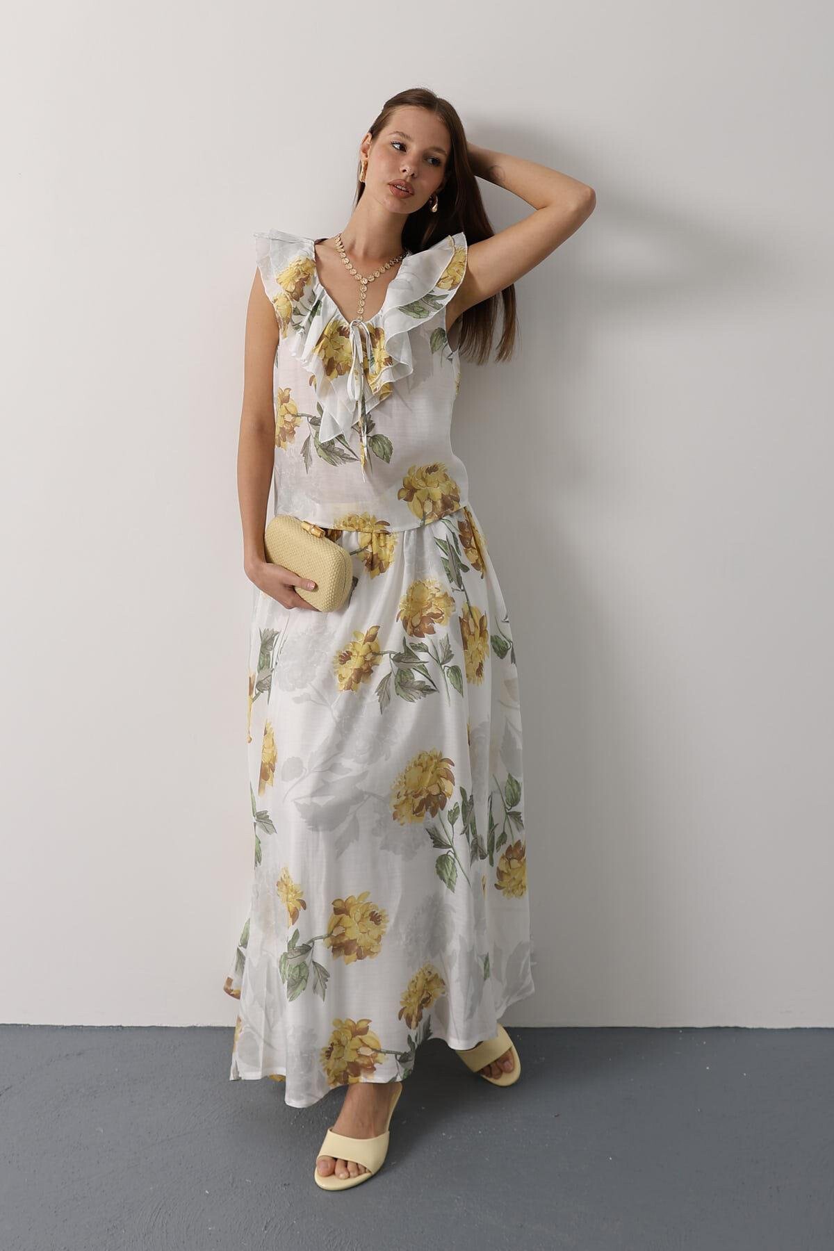 Sarı Çiçek Desenli Uzun Etek