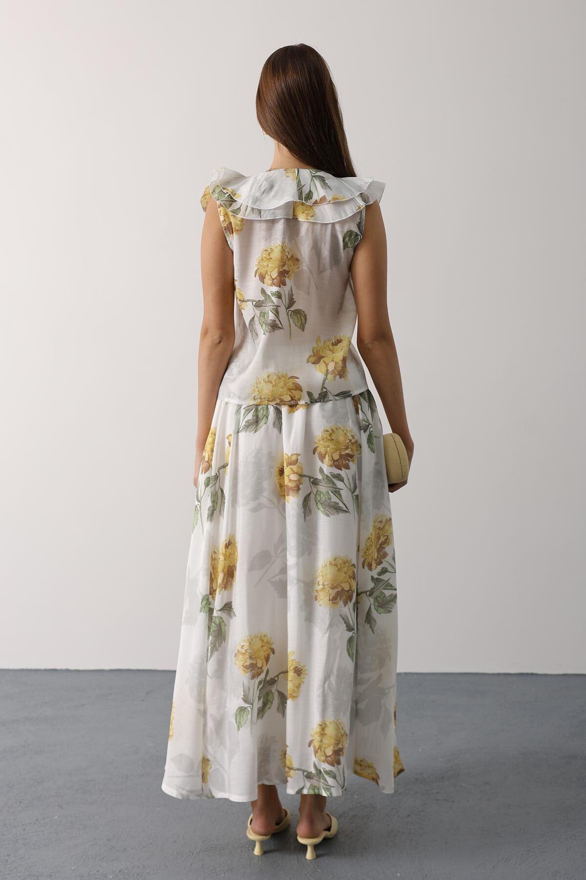 Sarı Çiçek Desenli Uzun Etek