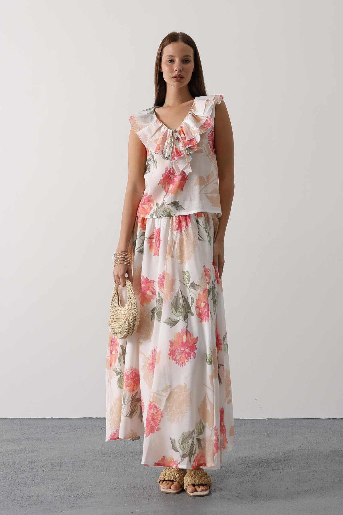 Pembe Çiçek Desenli Uzun Etek