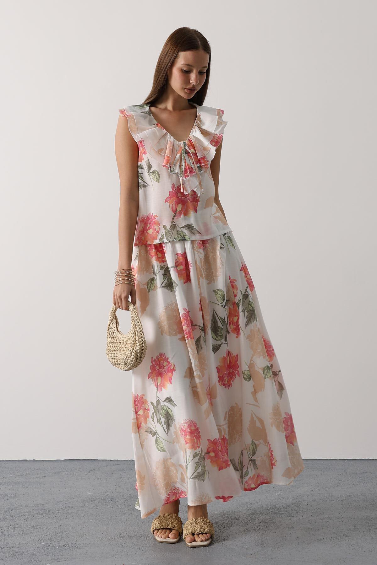 Pembe Çiçek Desenli Uzun Etek