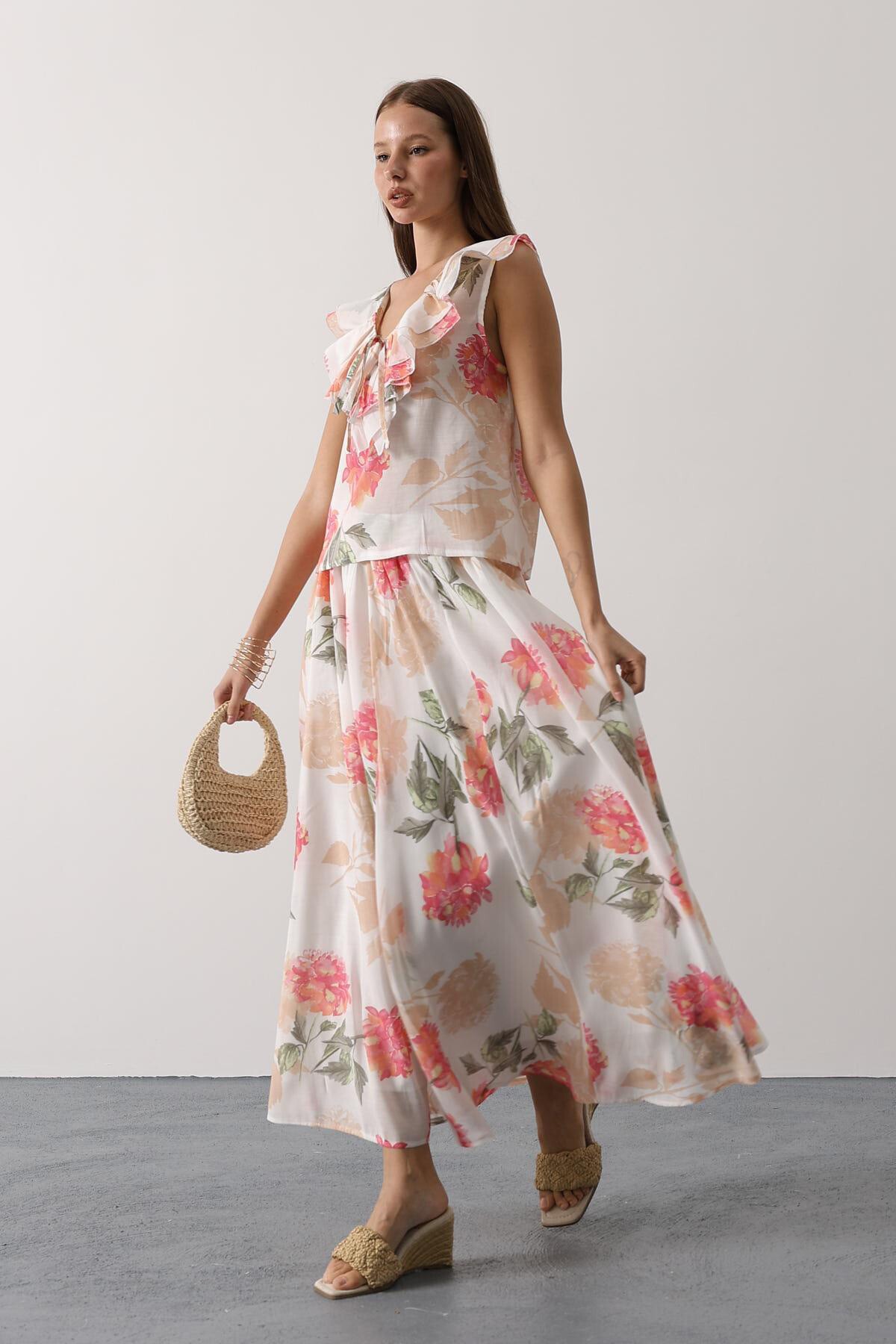 Pembe Çiçek Desenli Uzun Etek