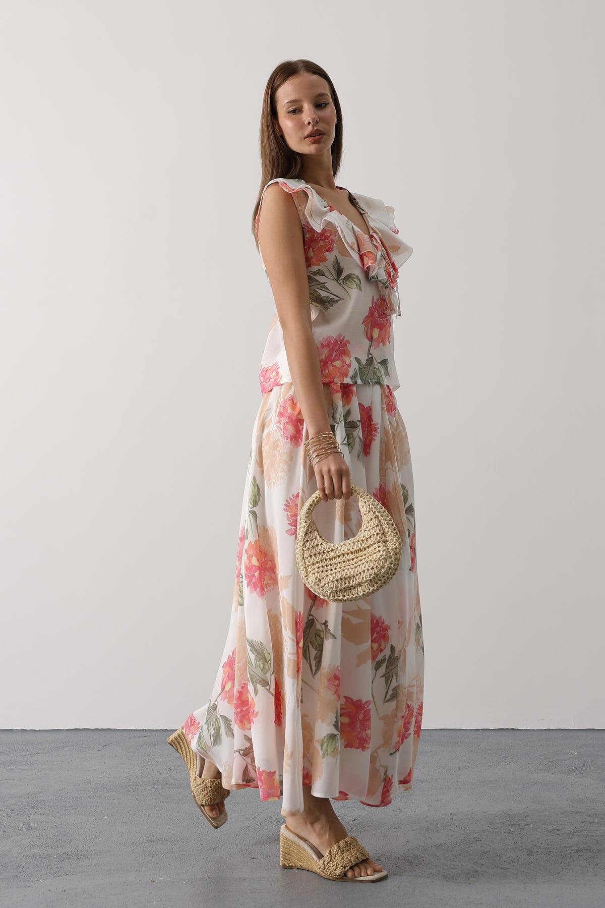 Pembe Çiçek Desenli Uzun Etek