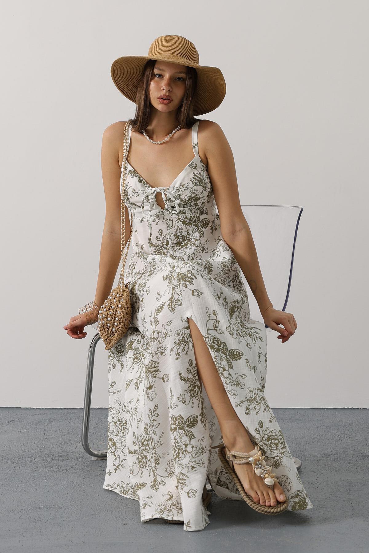 Yeşil Çicek Desenli Askılı Müslin Elbise