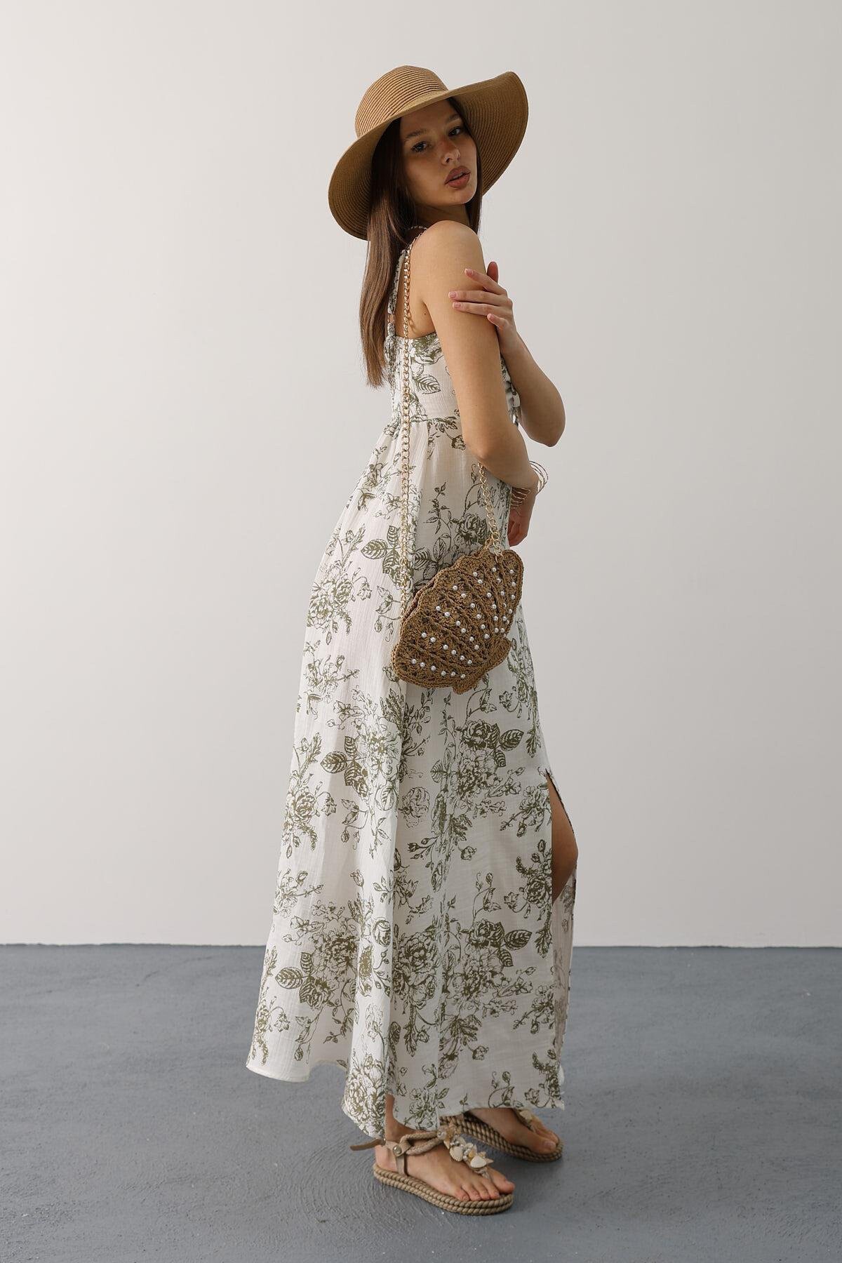 Yeşil Çicek Desenli Askılı Müslin Elbise