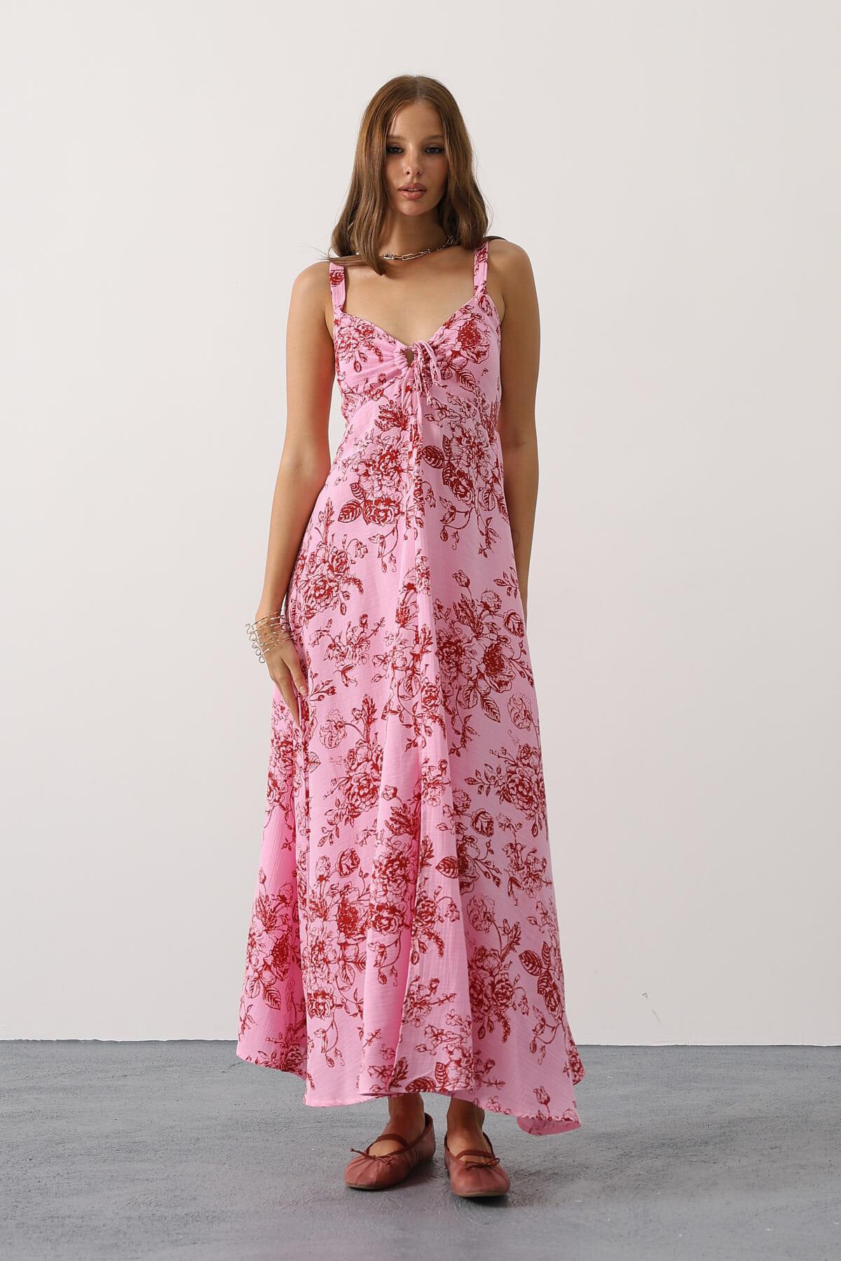 Pembe Çicek Desenli Askılı Müslin Elbise