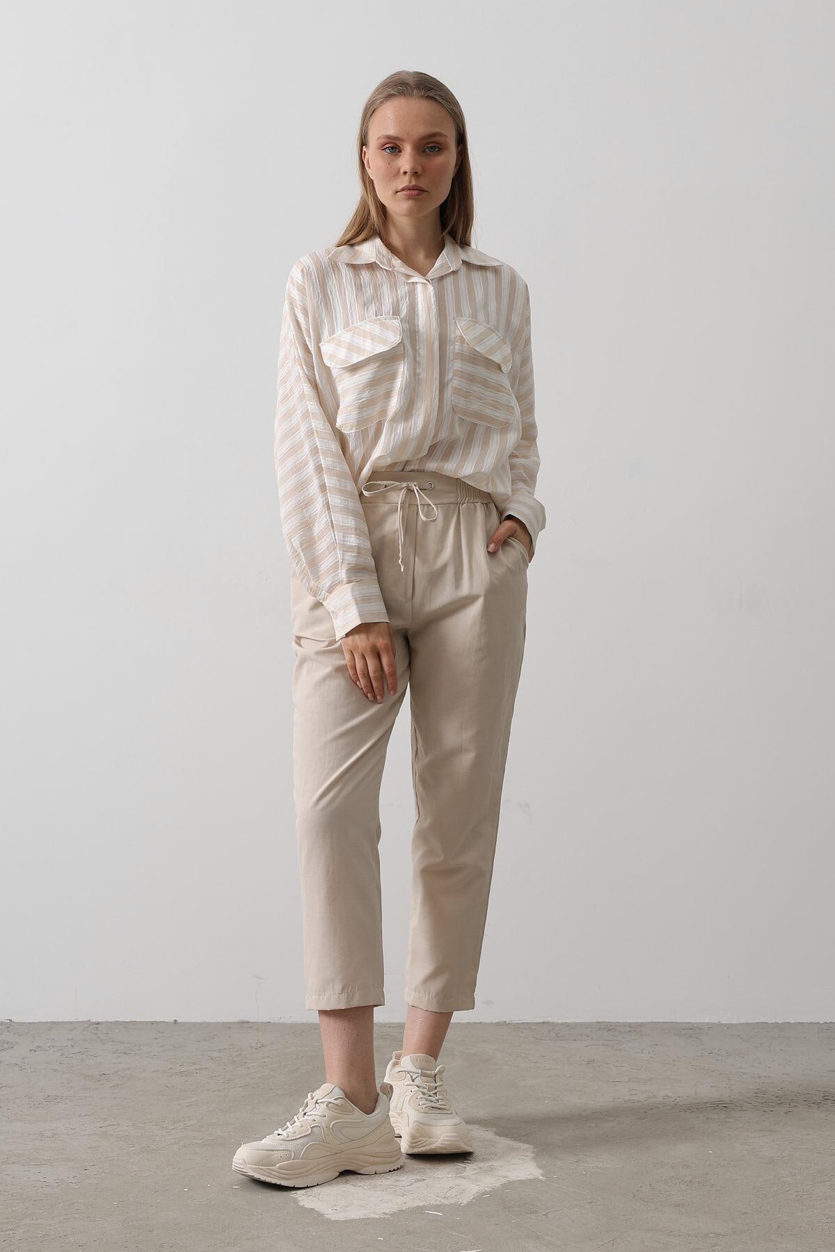 Taş Çift Cepli Beli Lastikli Bağlama Detaylı Pantolon