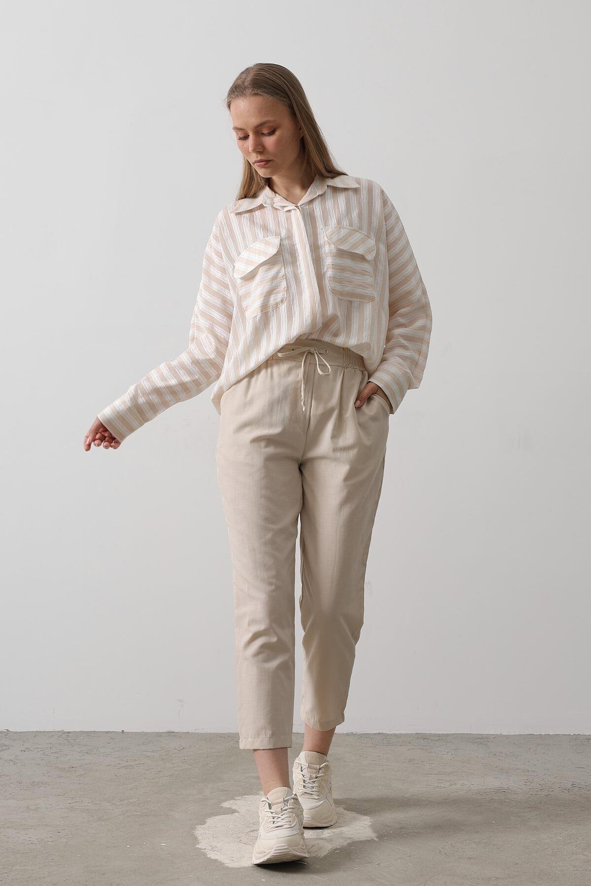 Taş Çift Cepli Beli Lastikli Bağlama Detaylı Pantolon