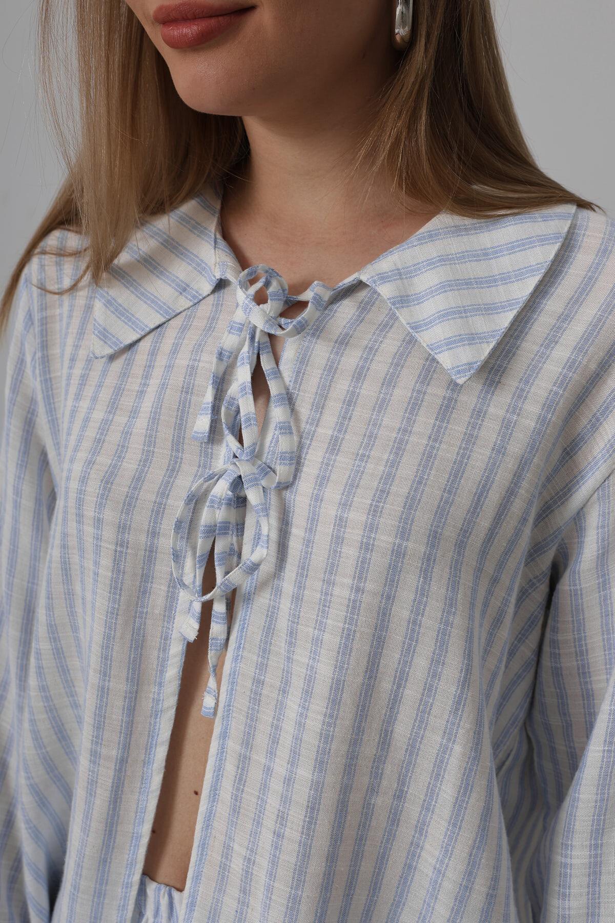 Mavi Çizgili Bağlamalı Detaylı Bluz Ve Pantolon Takım