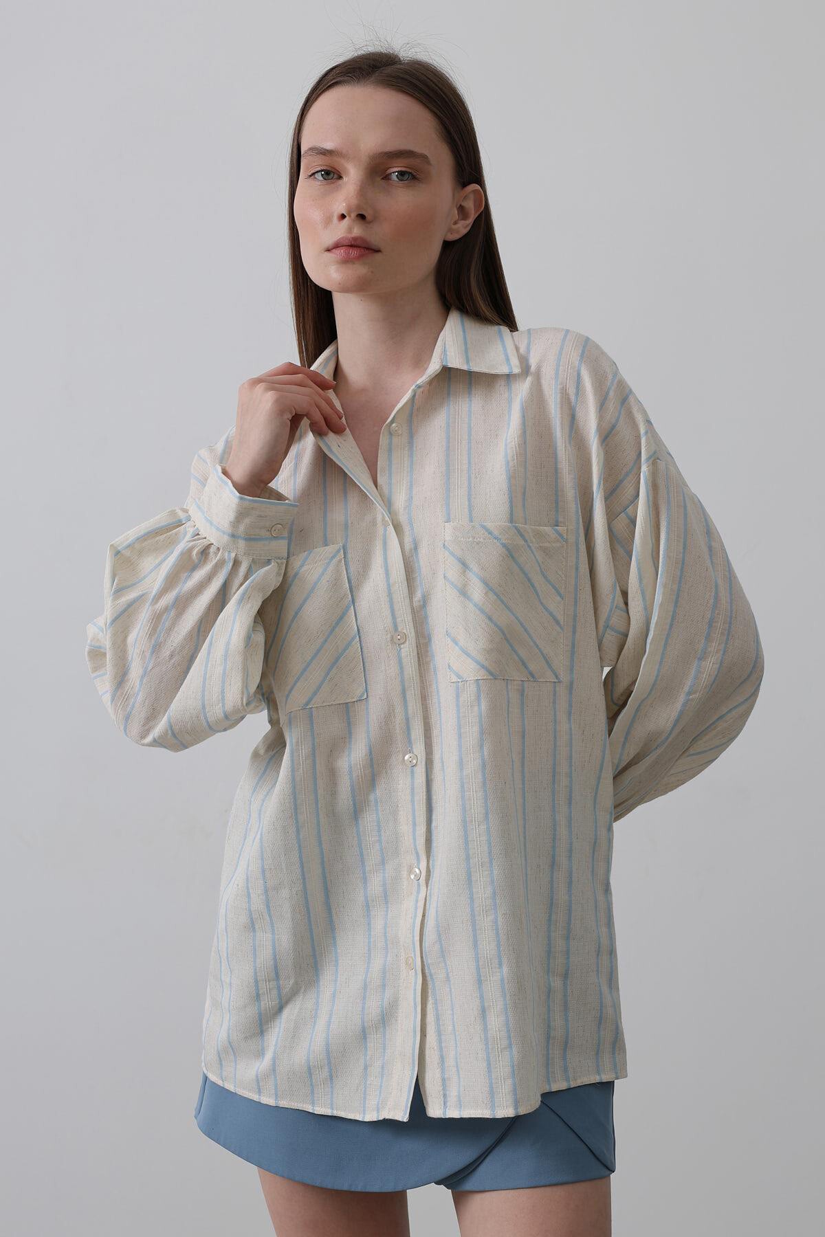 Mavi-Bej Çizgili Çift Cepli Oversize Gömlek