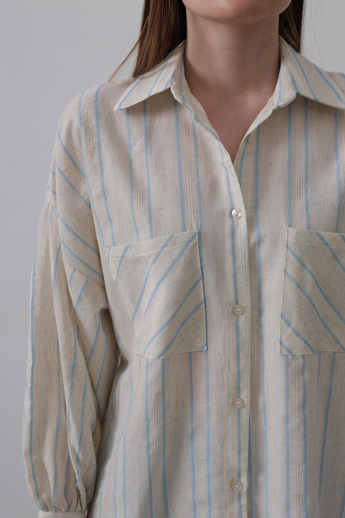 Mavi-Bej Çizgili Çift Cepli Oversize Gömlek