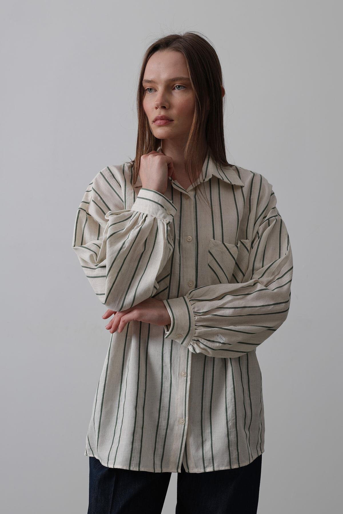 Yeşil Bej Çizgili Çift Cepli Oversize Gömlek