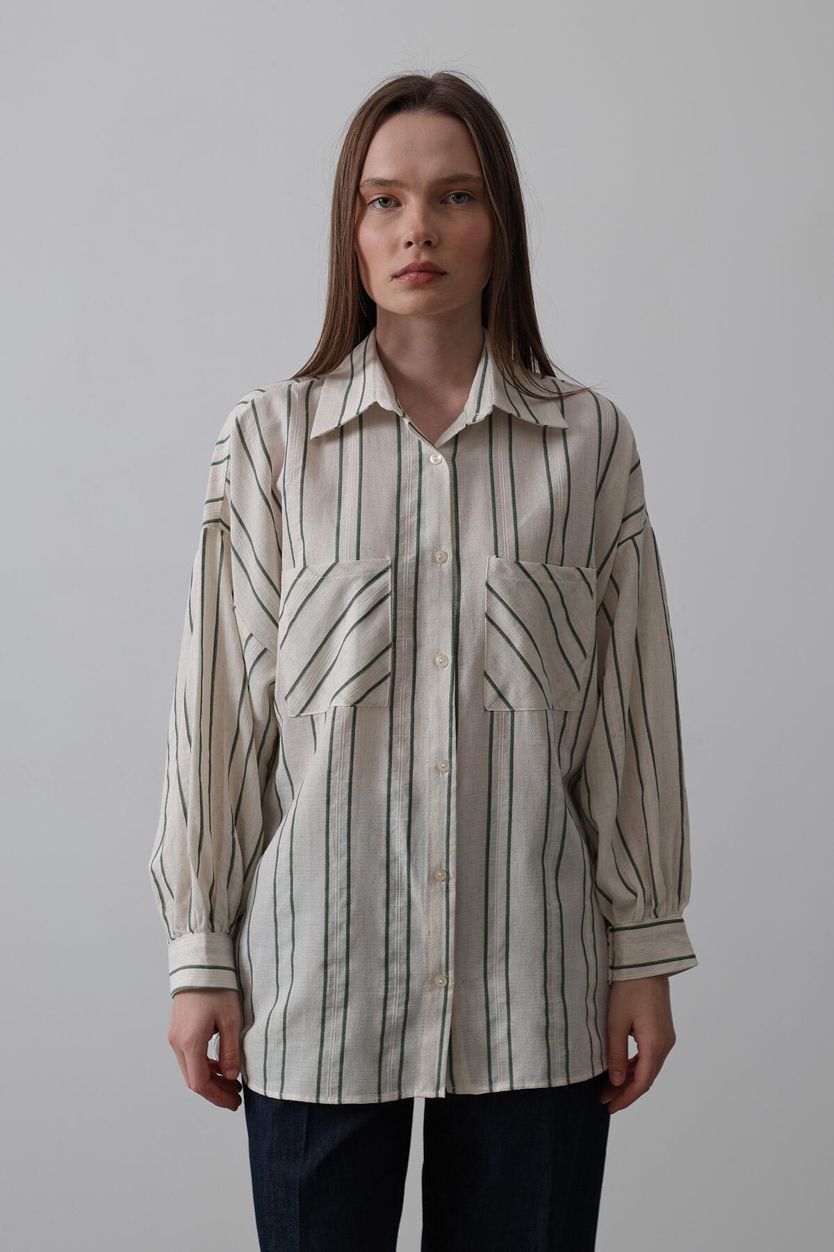 Yeşil Bej Çizgili Çift Cepli Oversize Gömlek