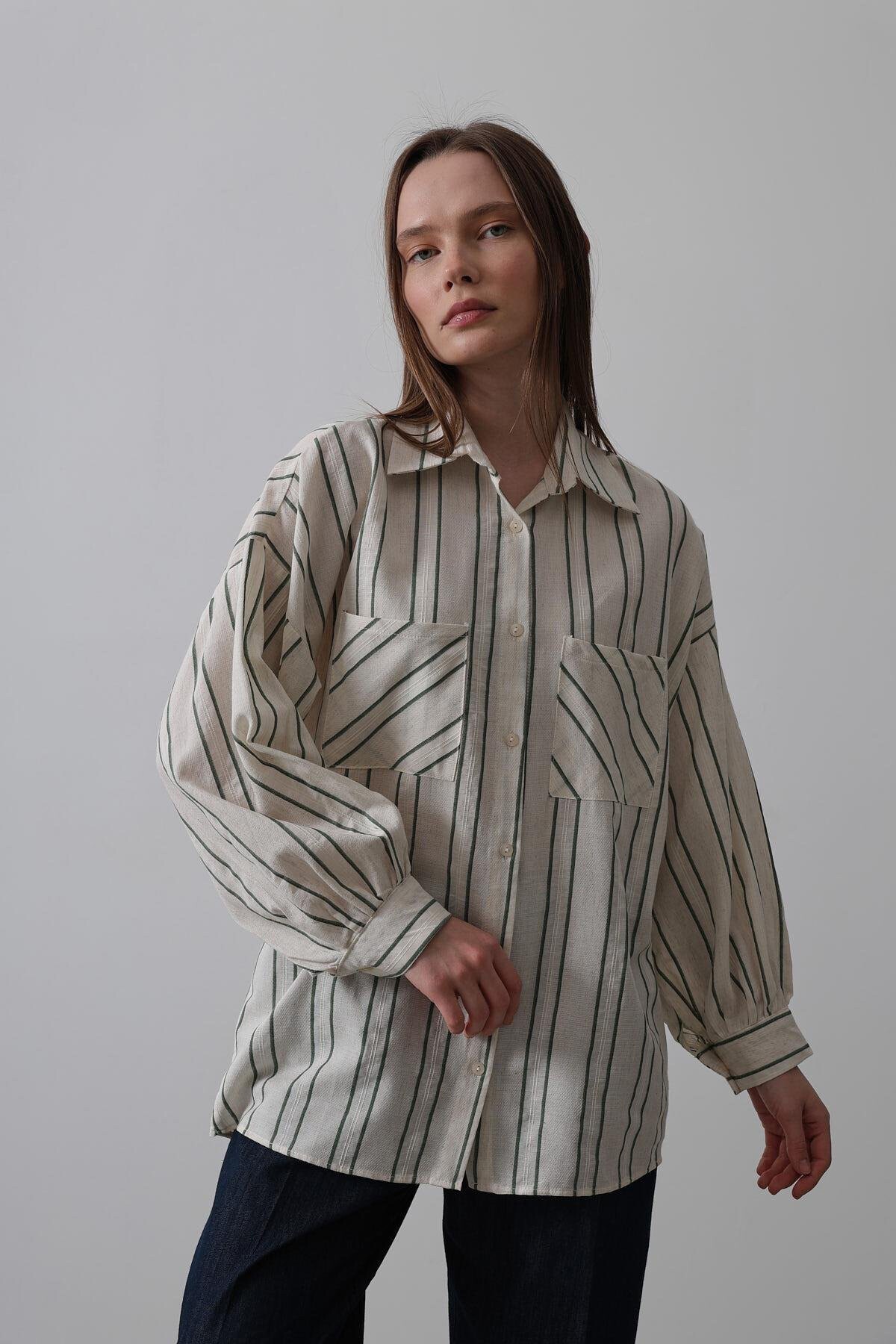 Yeşil Bej Çizgili Çift Cepli Oversize Gömlek