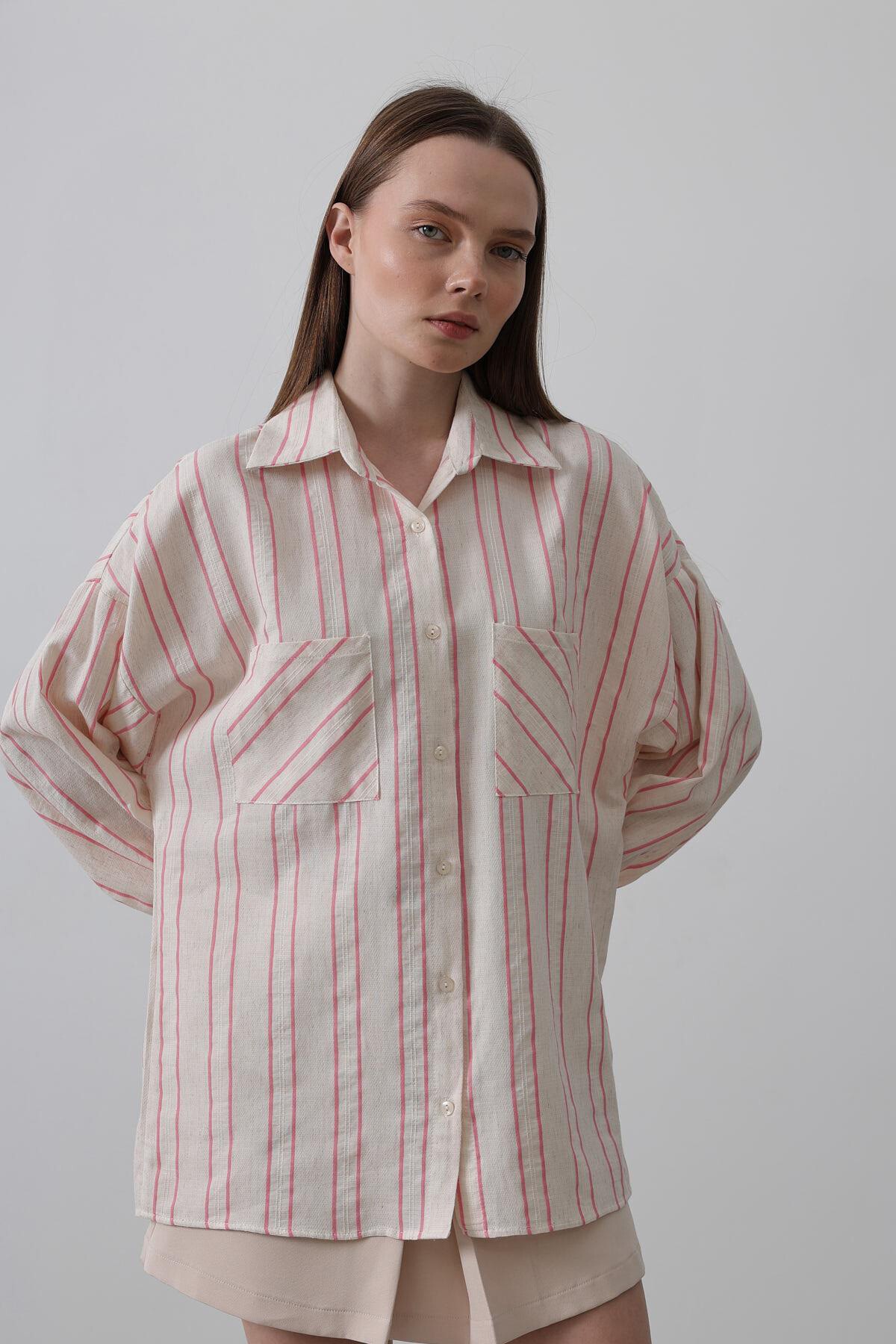 Pembe Çizgili Çift Cepli Oversize Gömlek