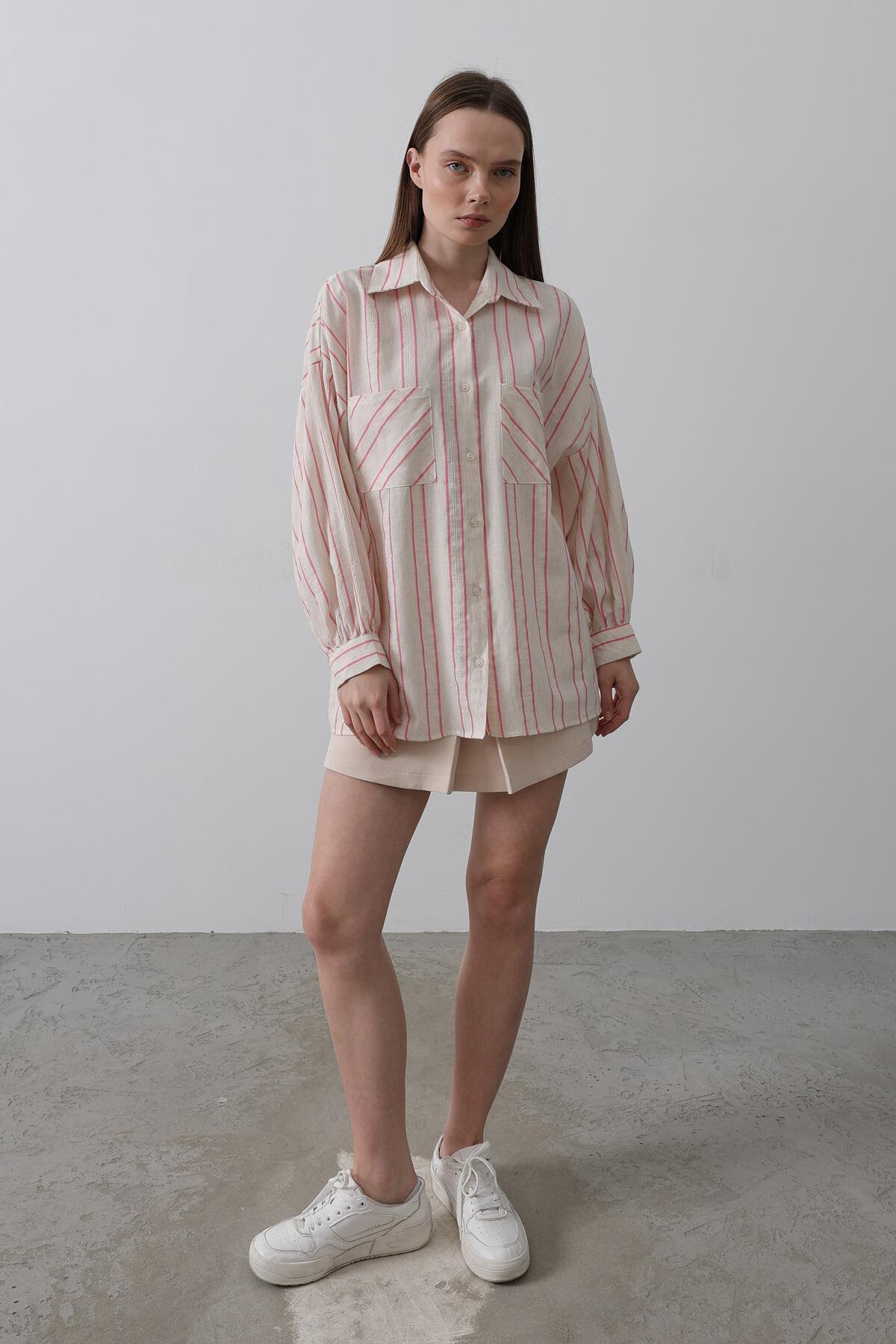Pembe Çizgili Çift Cepli Oversize Gömlek