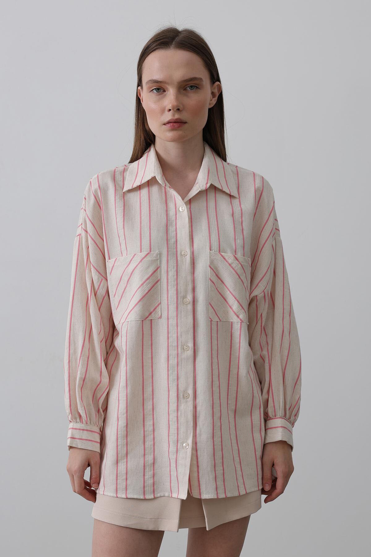Pembe Çizgili Çift Cepli Oversize Gömlek