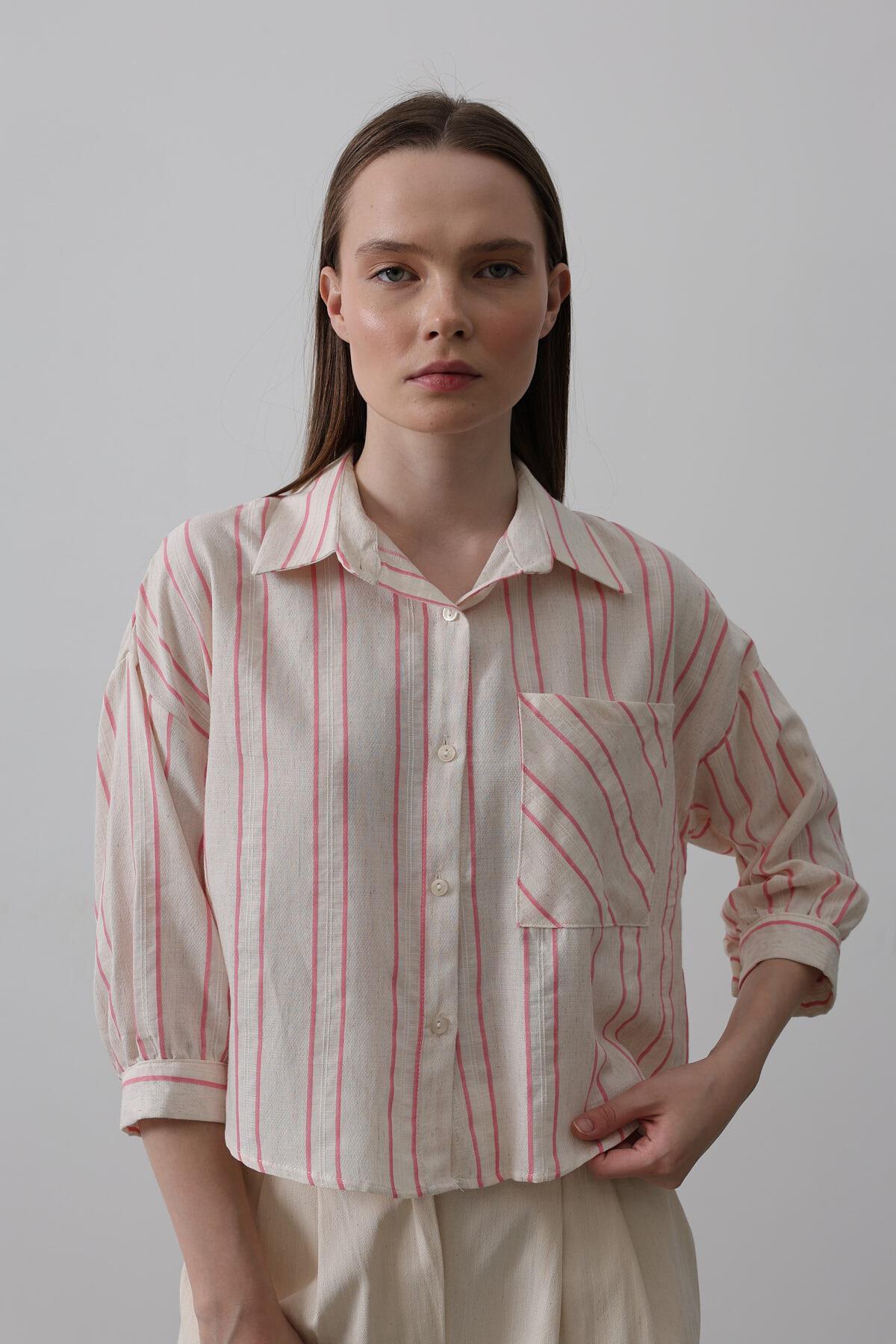 Pembe Cepli Çizgili Kısa Gömlek
