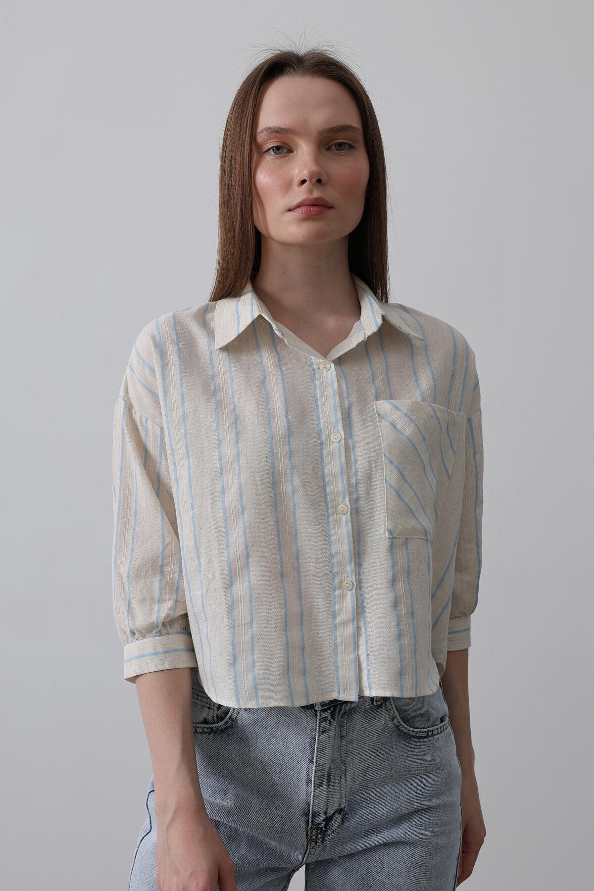 Mavi-Bej Cepli Çizgili Kısa Gömlek