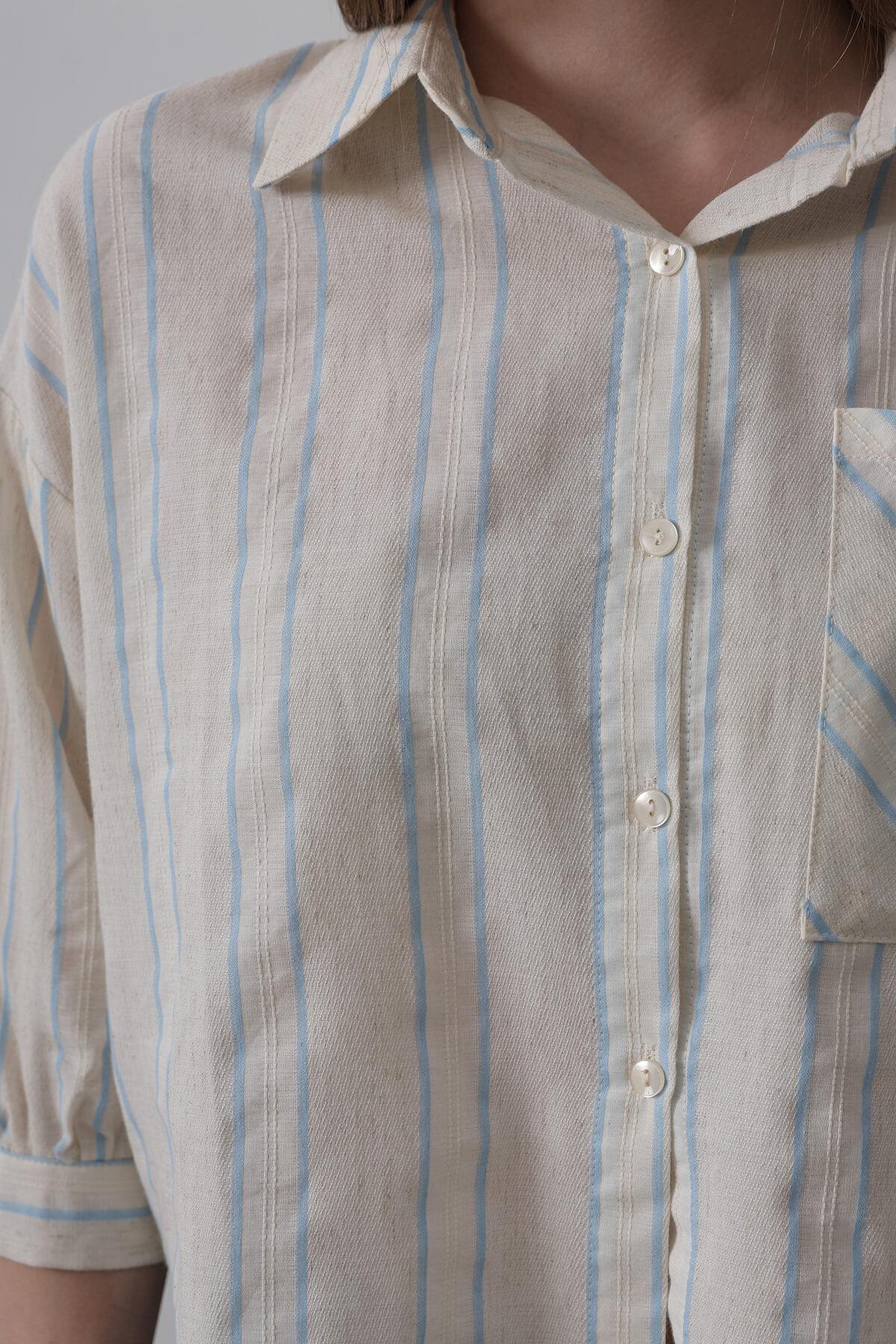 Mavi-Bej Cepli Çizgili Kısa Gömlek