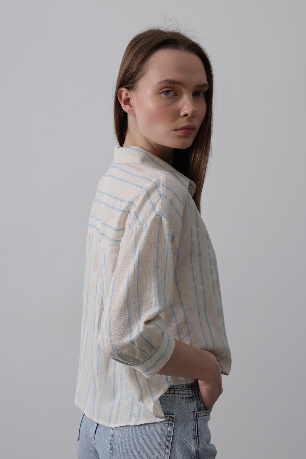 Mavi-Bej Cepli Çizgili Kısa Gömlek