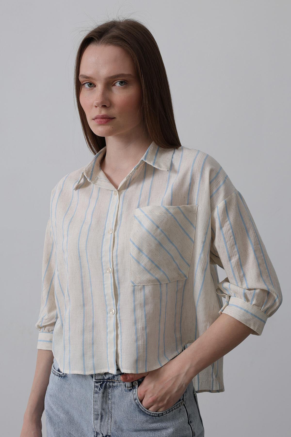Mavi-Bej Cepli Çizgili Kısa Gömlek
