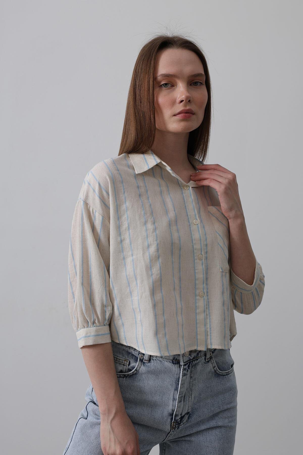 Mavi-Bej Cepli Çizgili Kısa Gömlek