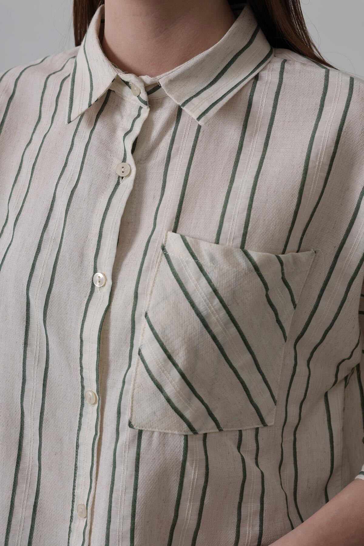 Yeşil Bej Cepli Çizgili Kısa Gömlek