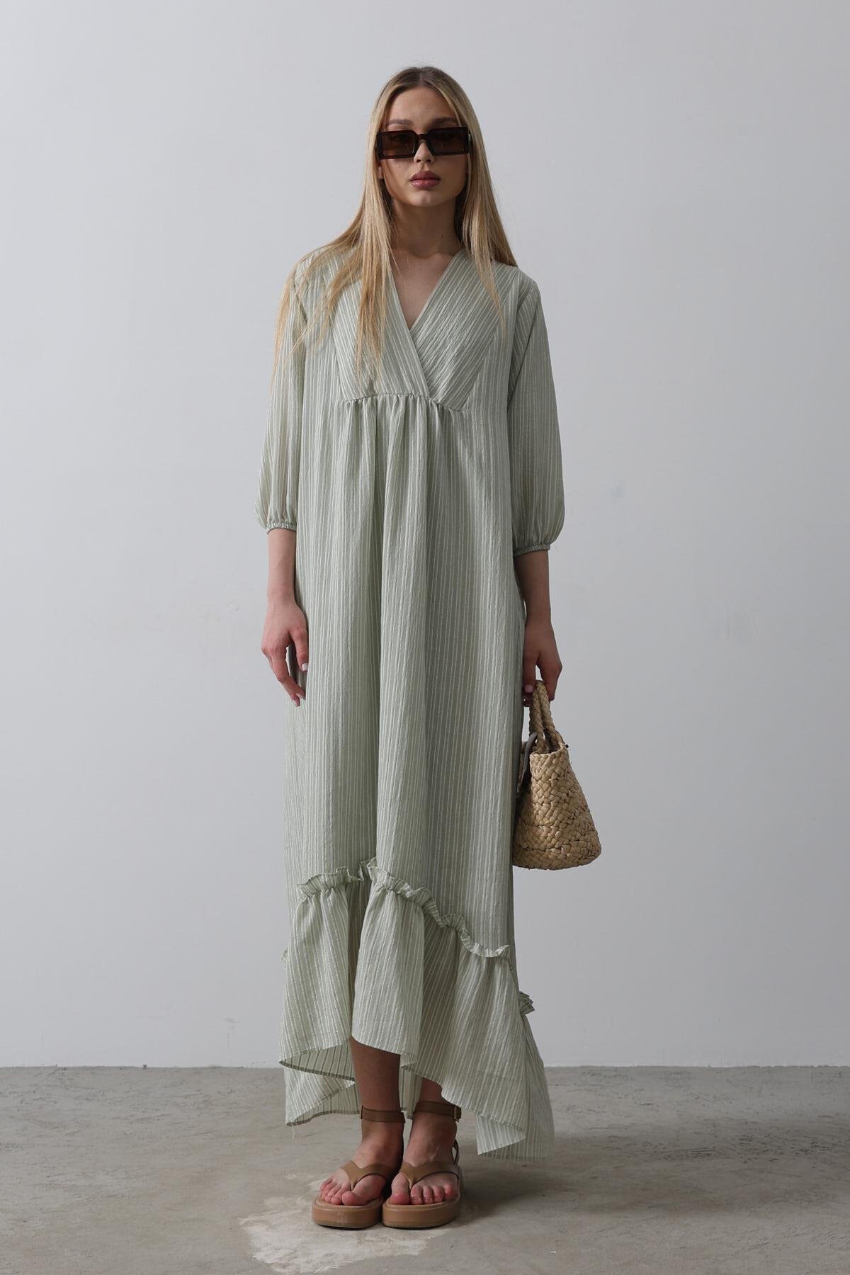 Haki Asimetrik Kesim V Yaka Eteği Fırfırlı Çizgili Oversize Elbise