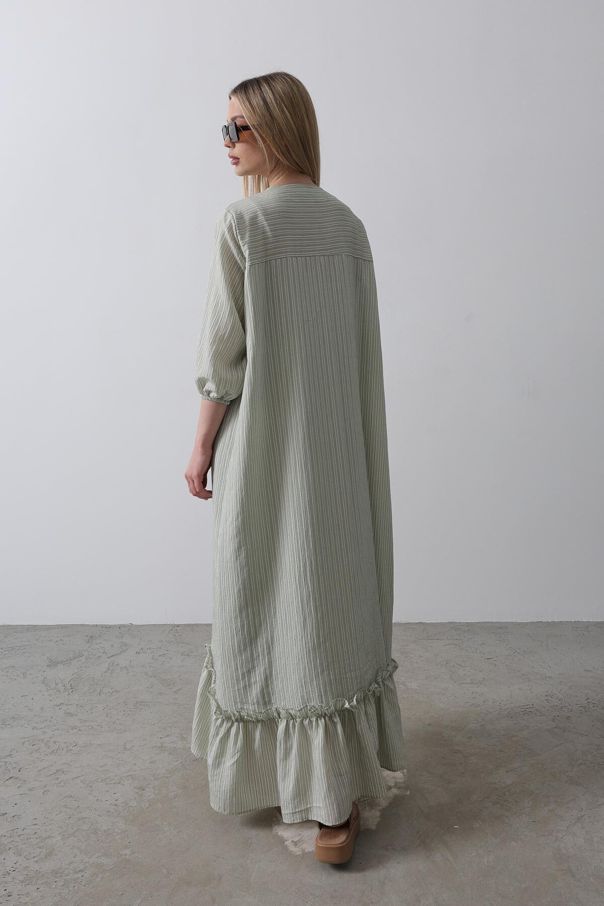 Haki Asimetrik Kesim V Yaka Eteği Fırfırlı Çizgili Oversize Elbise