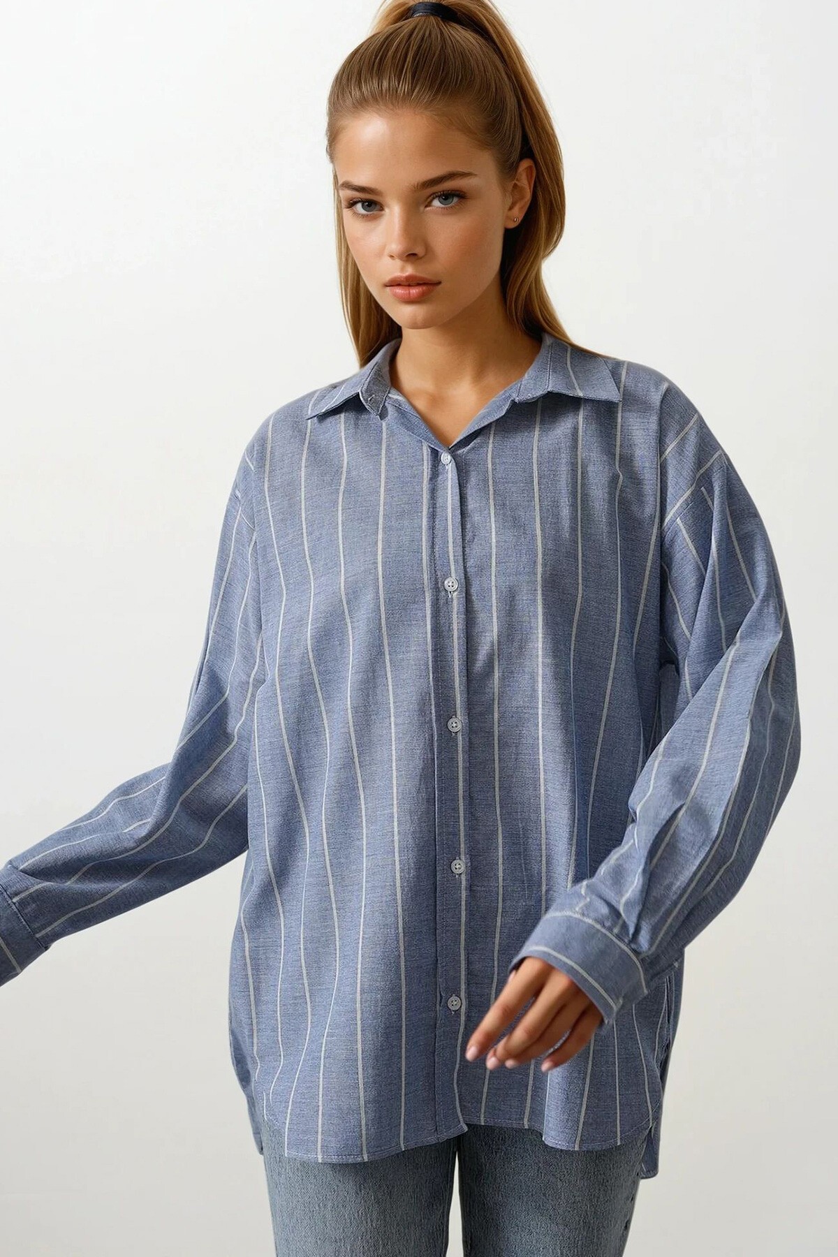 Mavi Desenli Çizgili Oversize Gömlek