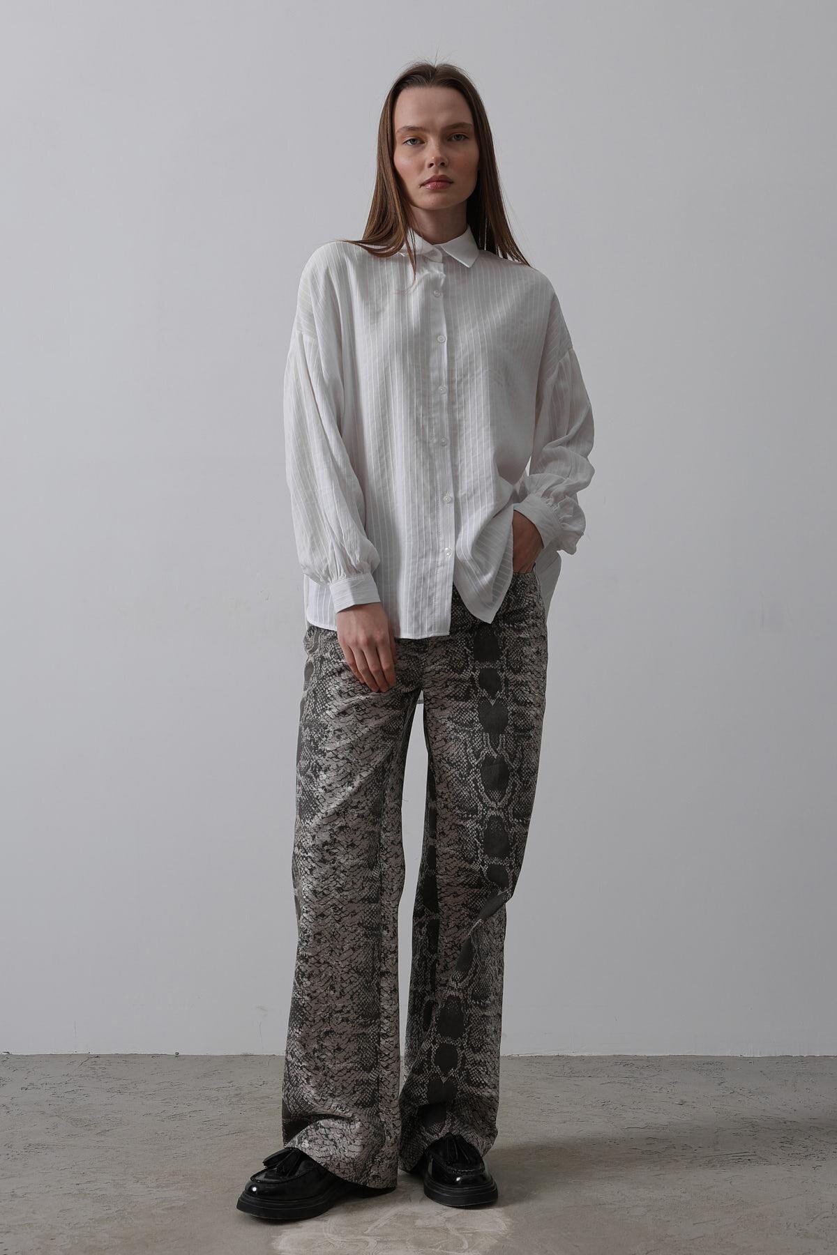 Beyaz Çizgili Uzun Kol Oversize Gömlek