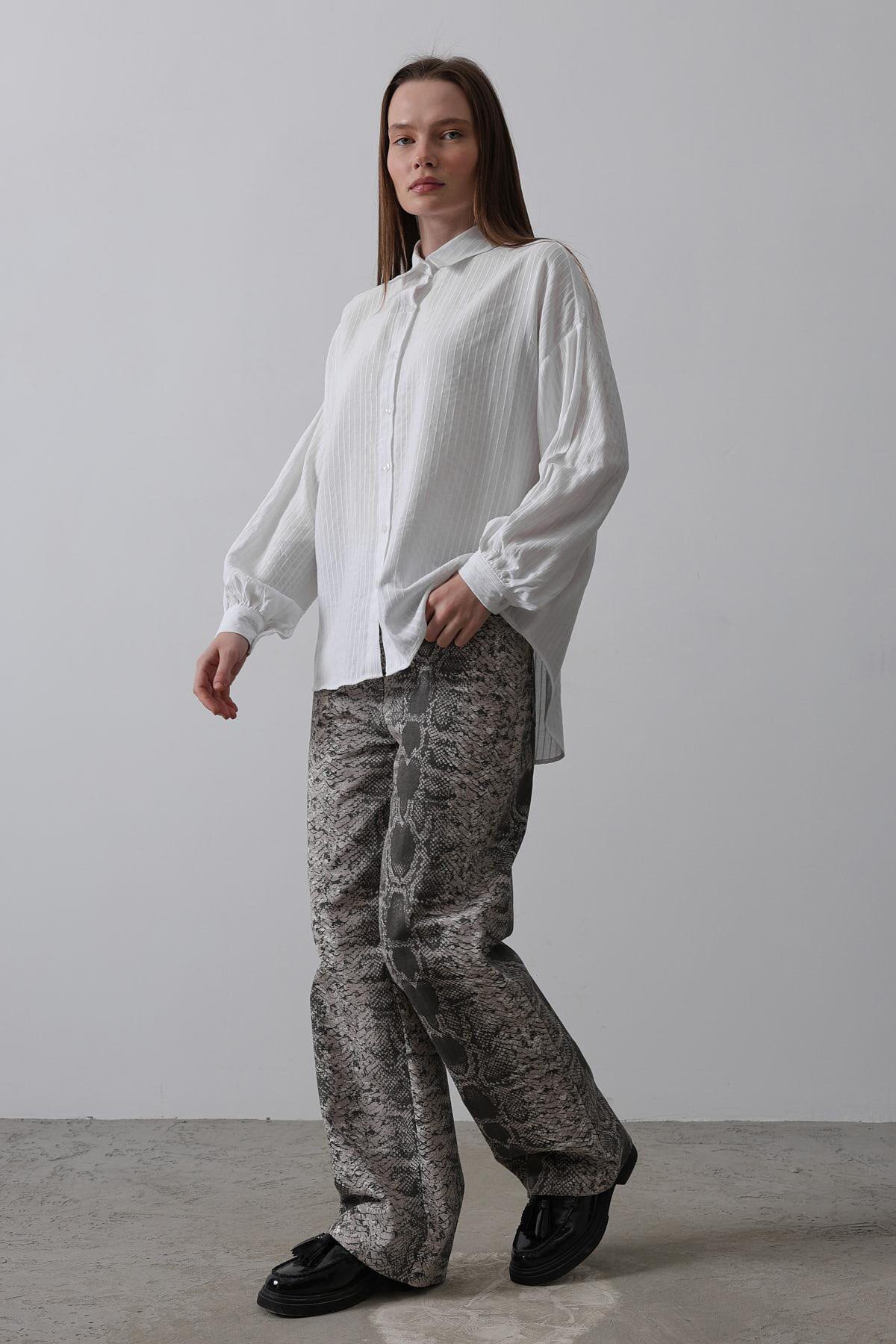 Beyaz Çizgili Uzun Kol Oversize Gömlek