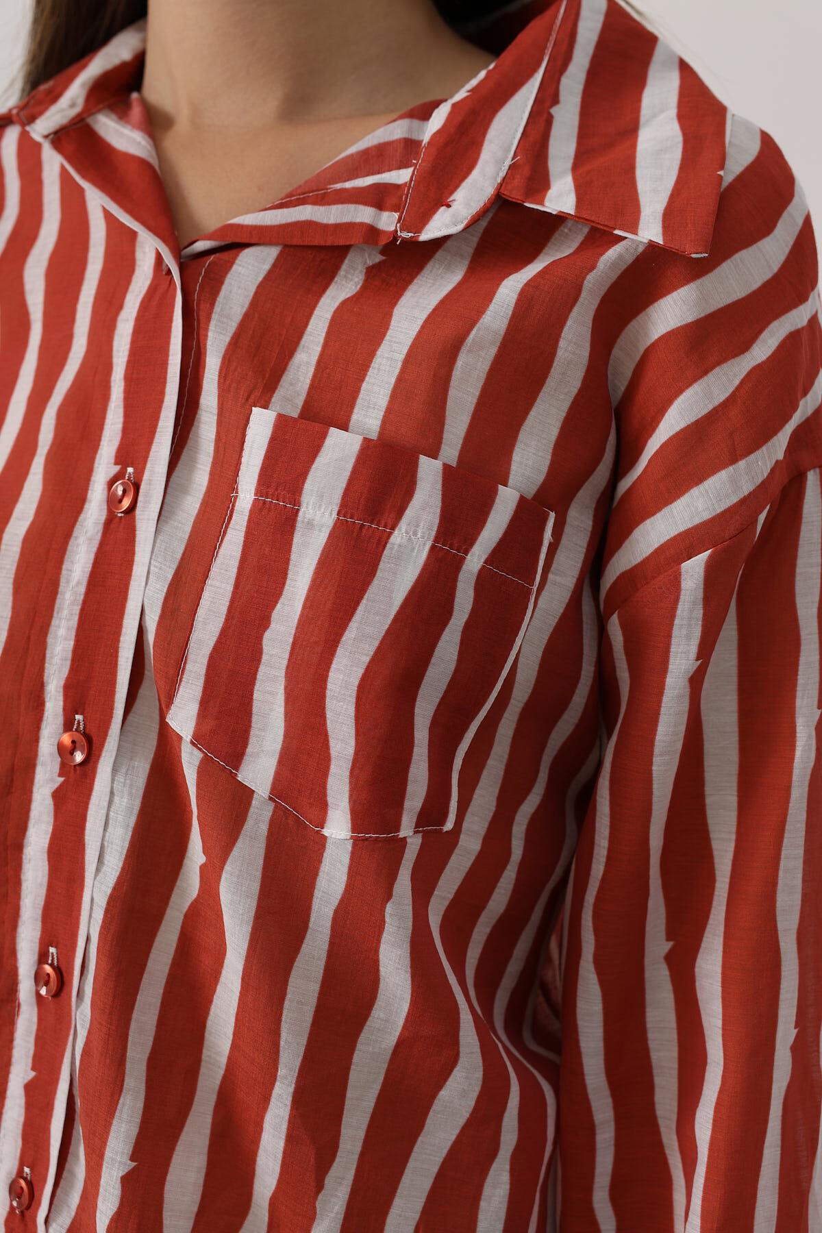 Kırmızı Çizgili Cep Detaylı Uzun Kol Oversize Gömlek