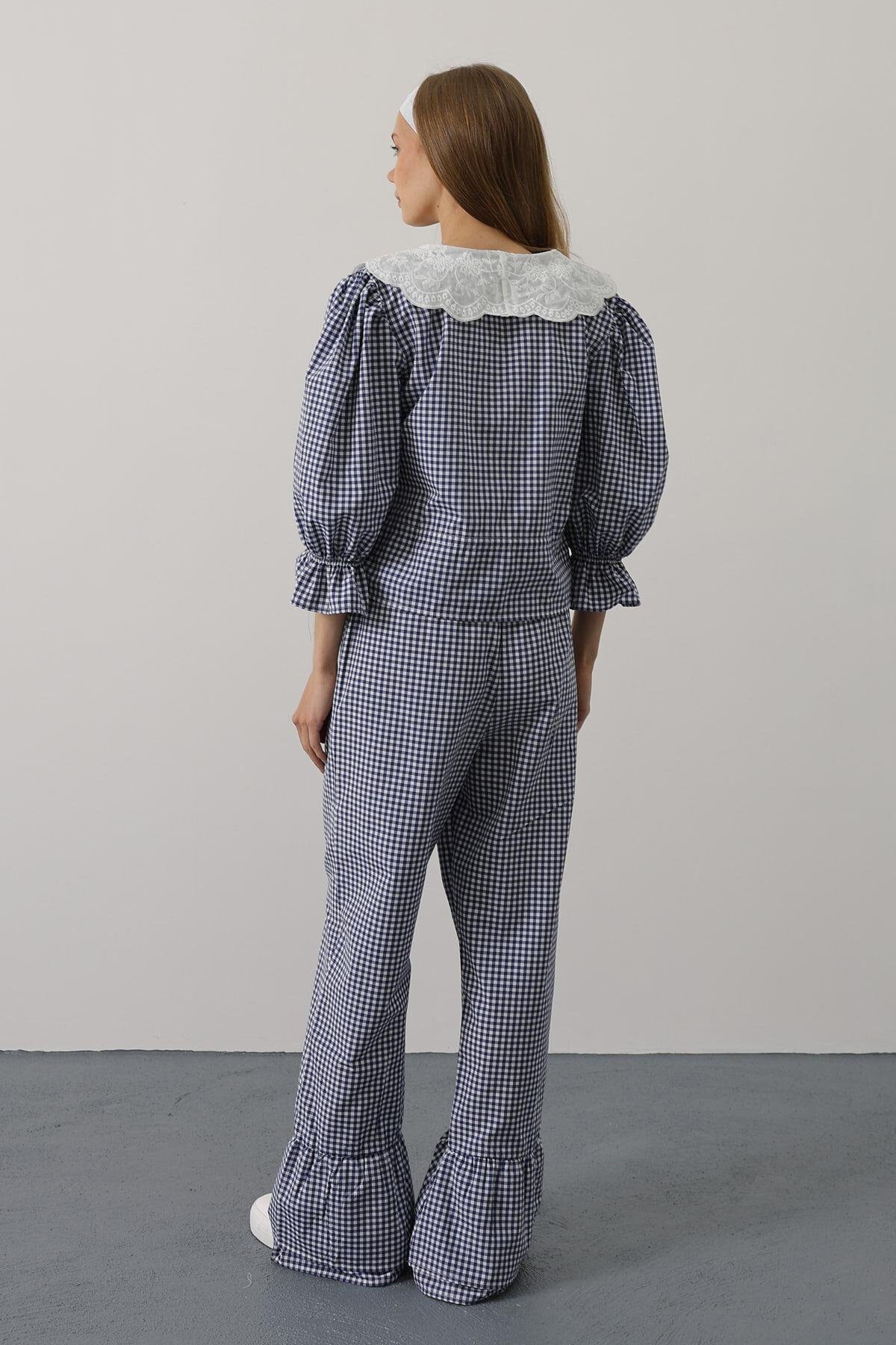 Lacivert Bağlama Detaylı Kolları Lastikli Bluz Ve Pantolon Takım