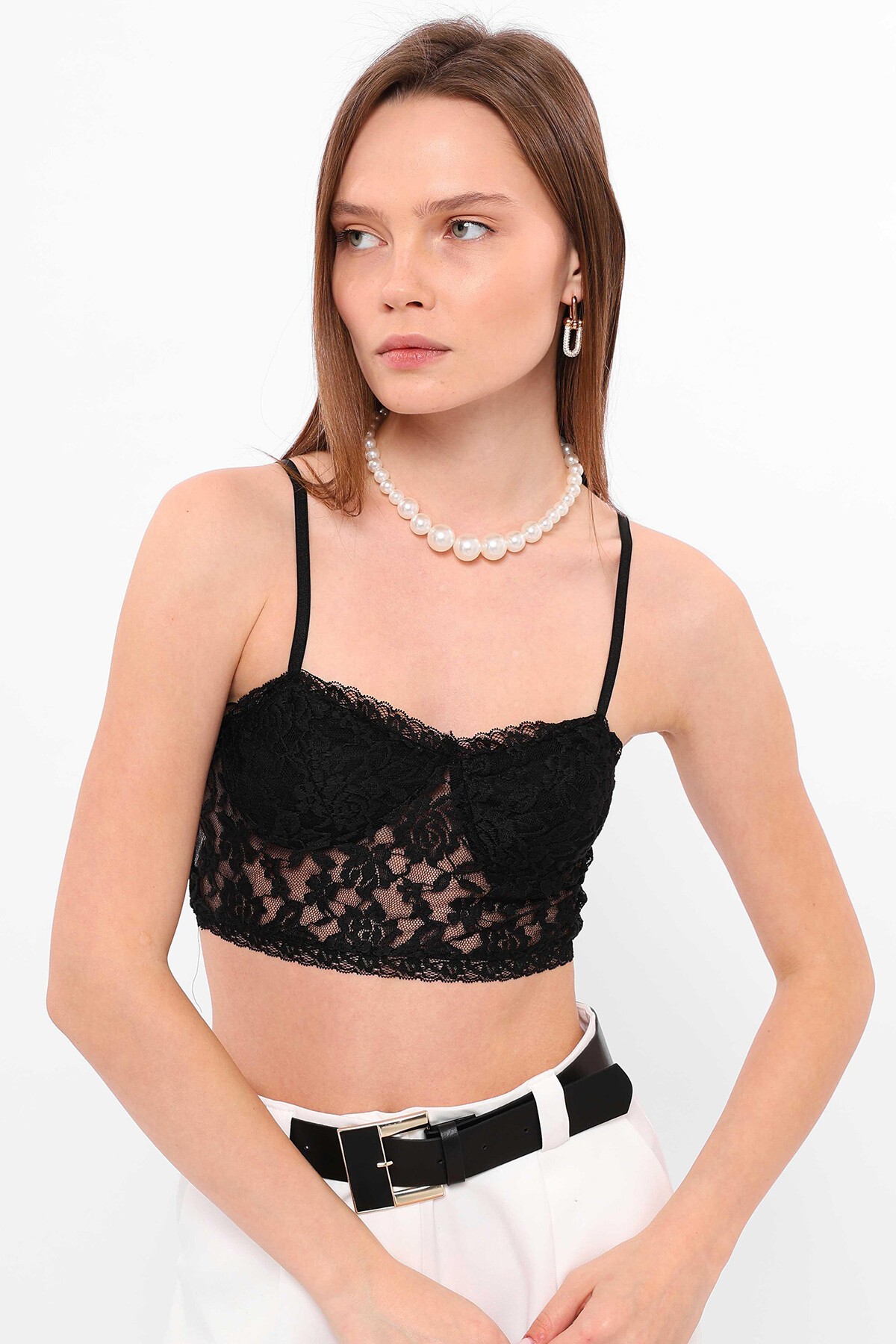 Siyah İp Askılı Dantelli Bralet