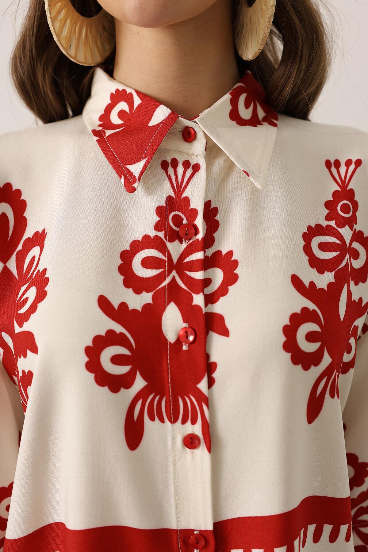 Bordo Desenli Kısa Kol Gömlek Ve Pantolon Takım