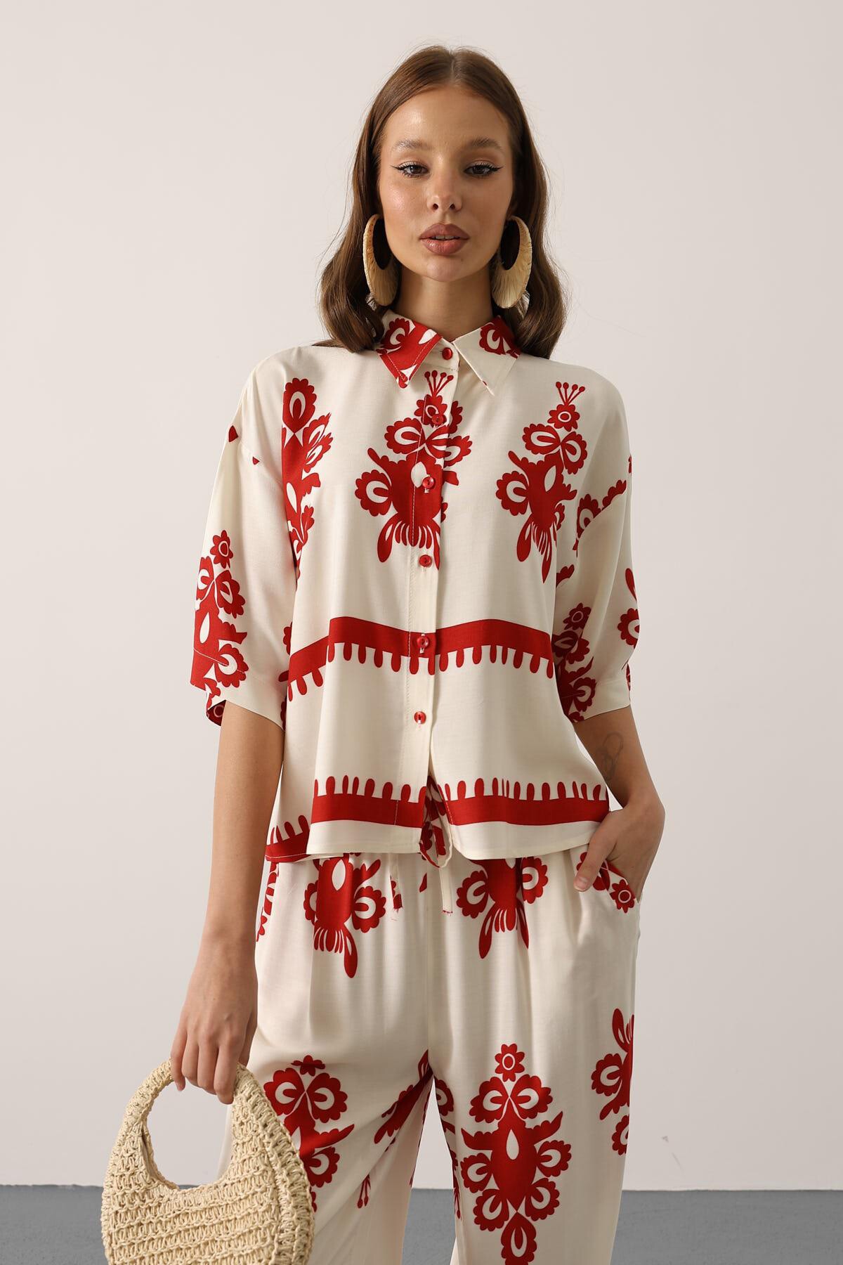 Bordo Desenli Kısa Kol Gömlek Ve Pantolon Takım