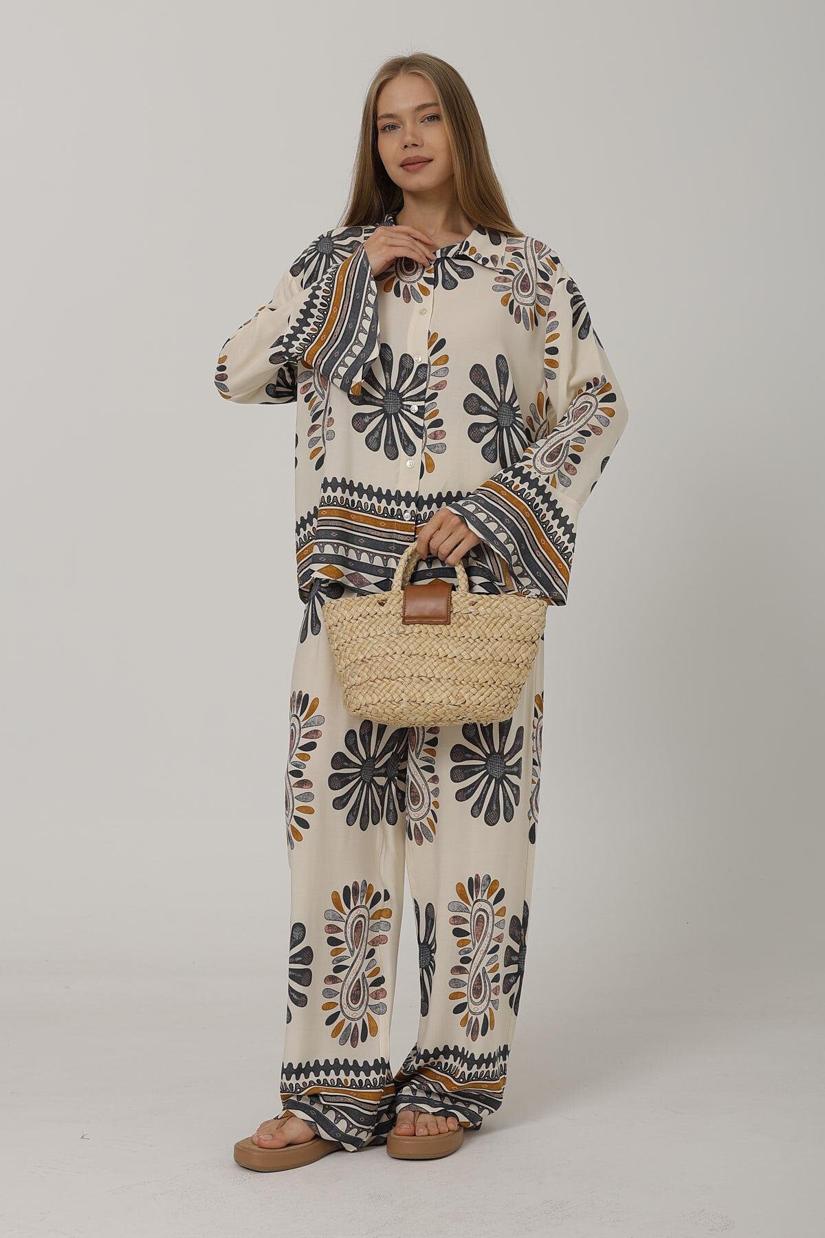 Antrasit Desenli Kolları Volanlı Gömlek Ve Beli Lastikli Pantolon Takım