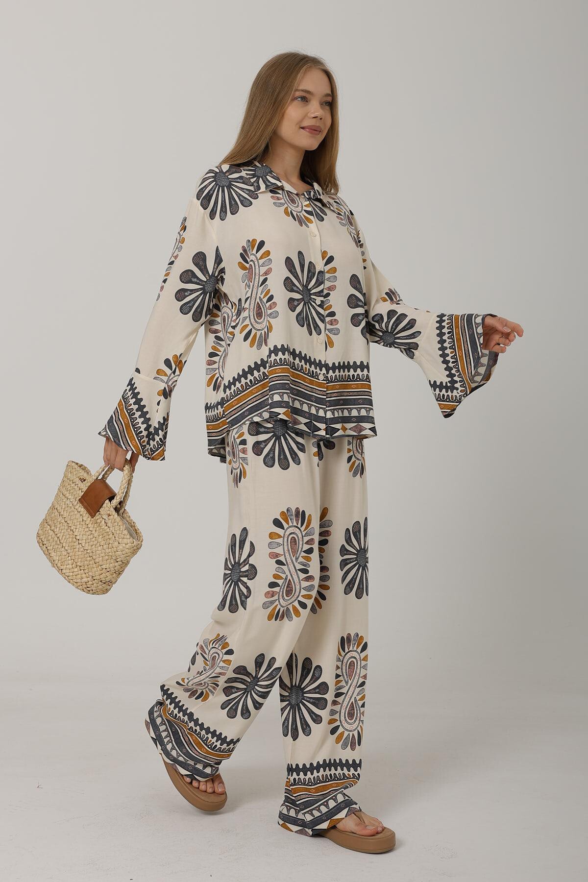 Antrasit Desenli Kolları Volanlı Gömlek Ve Beli Lastikli Pantolon Takım