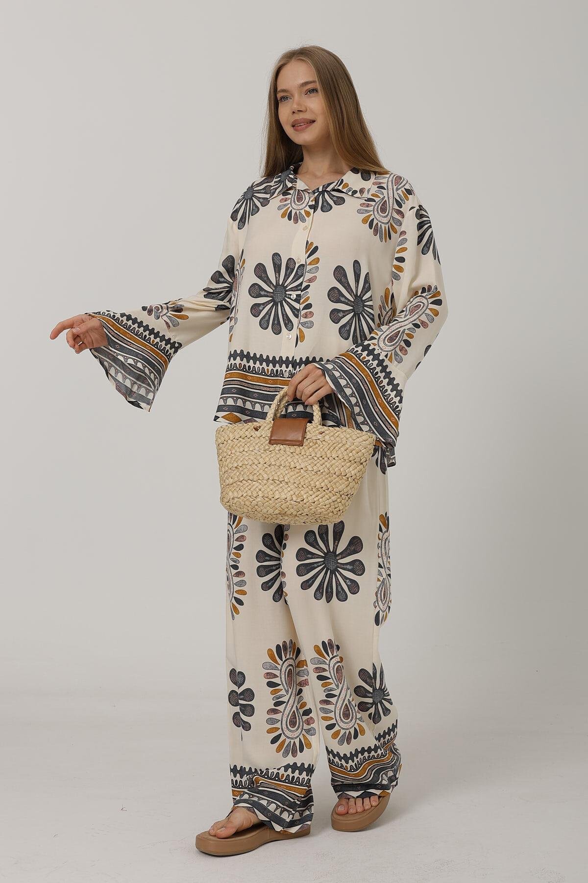 Antrasit Desenli Kolları Volanlı Gömlek Ve Beli Lastikli Pantolon Takım