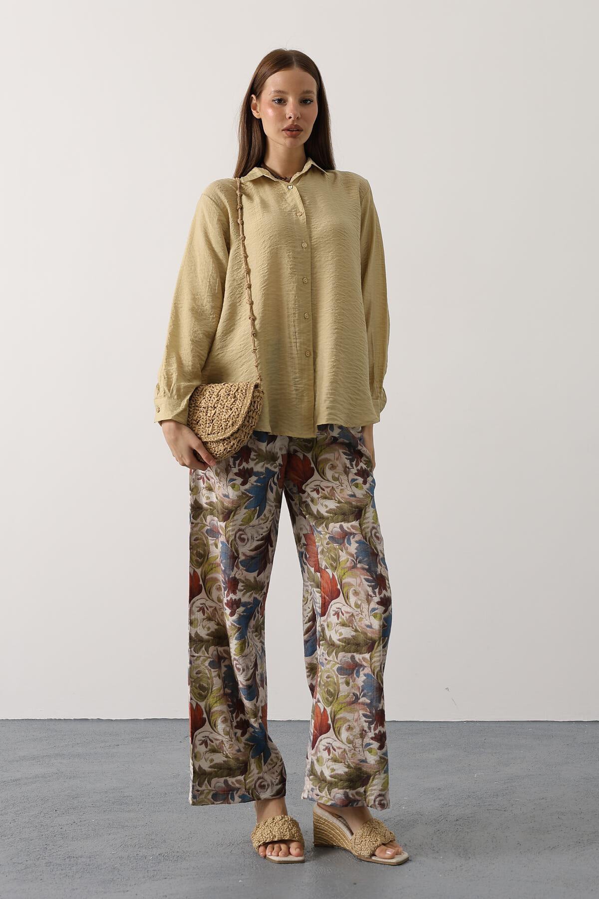 Mavi-Yeşil Desenli Pantolon Ve Oversize Gömlek Takım