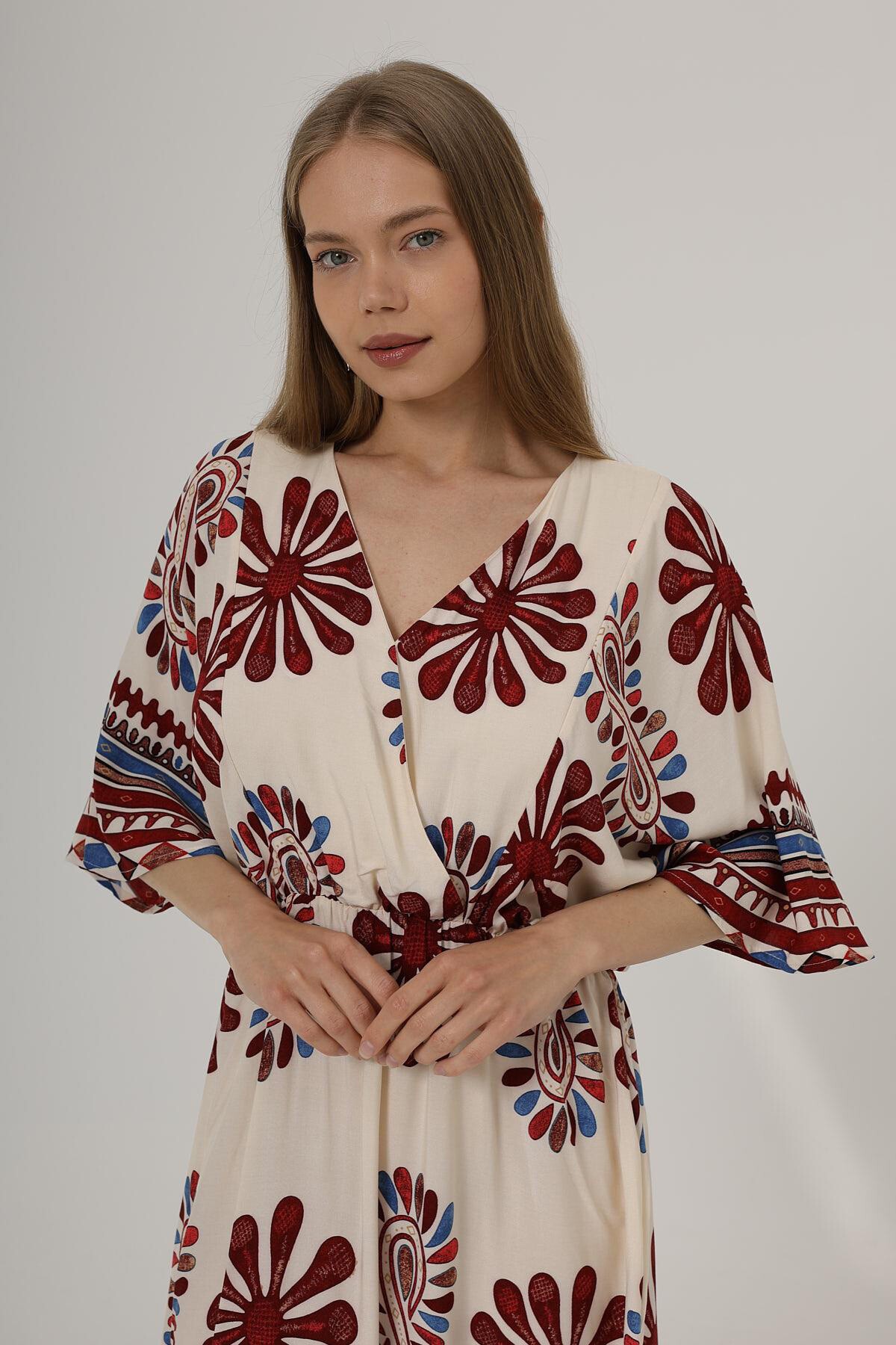 Kırmızı Kruvaze Yaka Desenli Maxi Boy Elbise