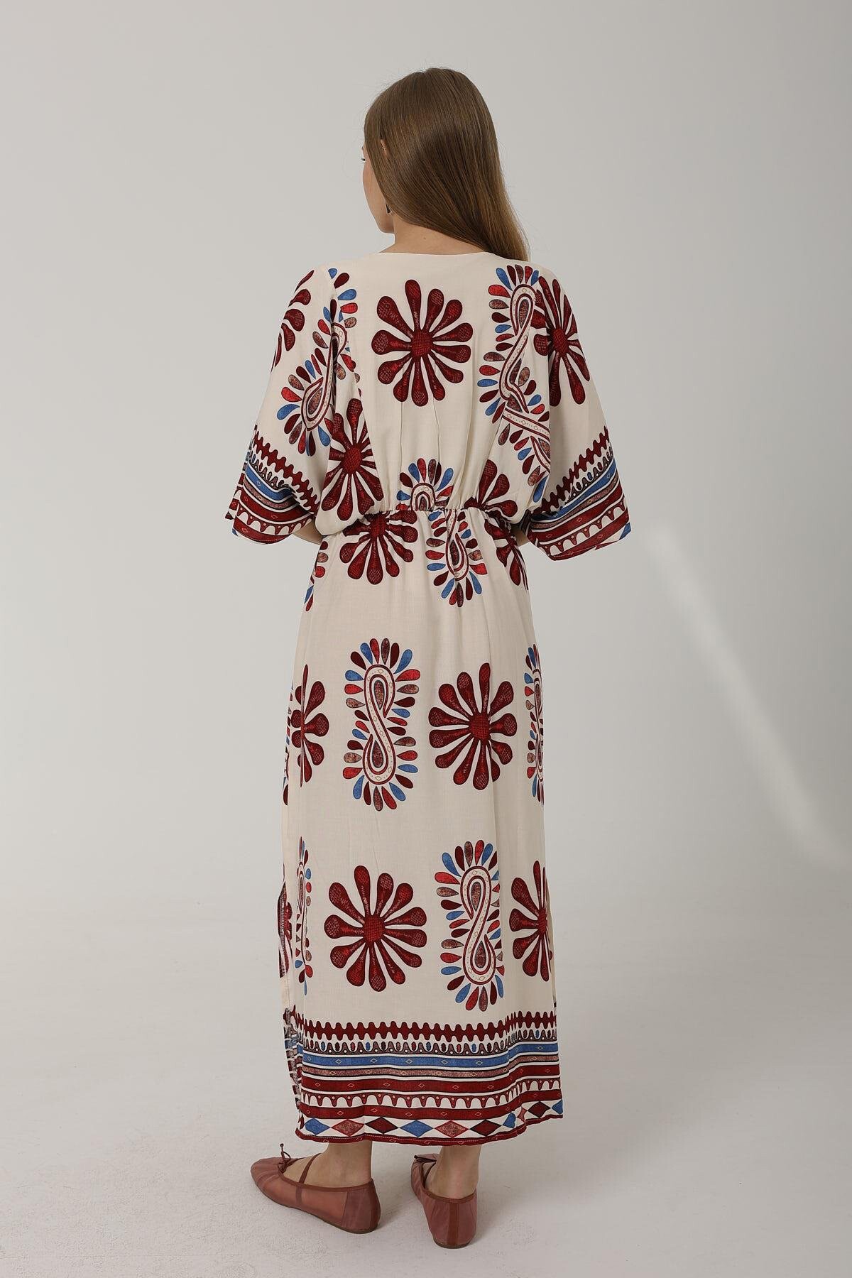 Kırmızı Kruvaze Yaka Desenli Maxi Boy Elbise