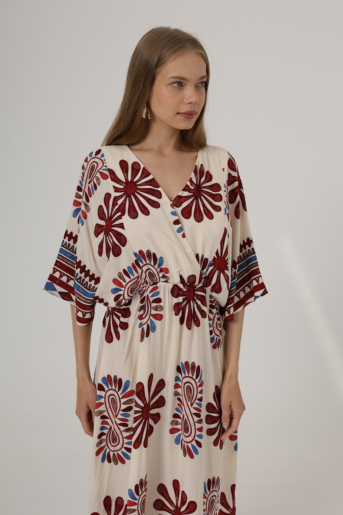 Kırmızı Kruvaze Yaka Desenli Maxi Boy Elbise