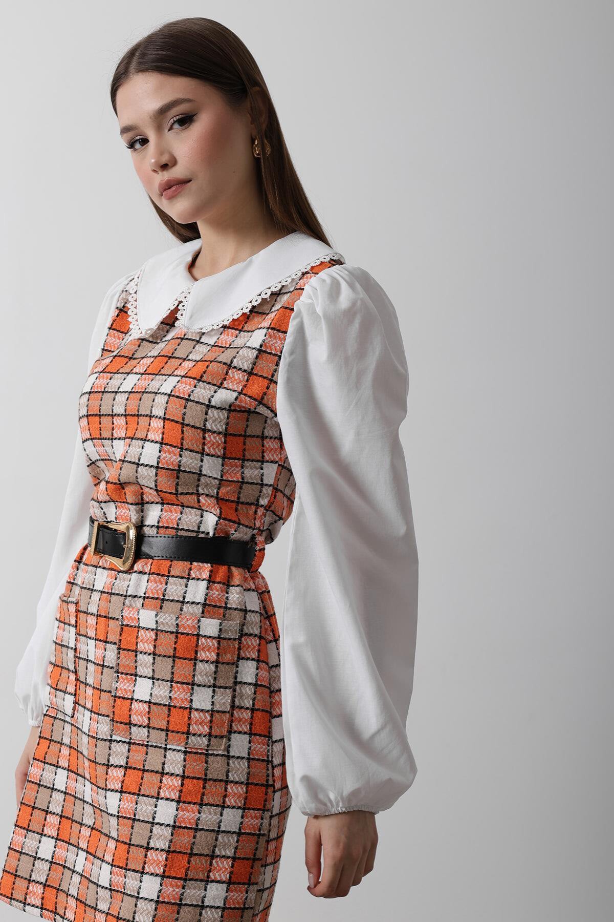 Ekoseli Bebe Yaka Mini Boy Kemerli Elbise