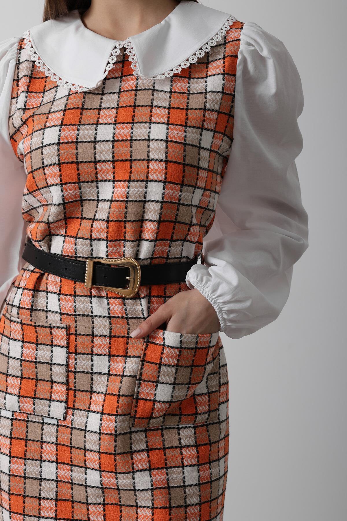 Ekoseli Bebe Yaka Mini Boy Kemerli Elbise